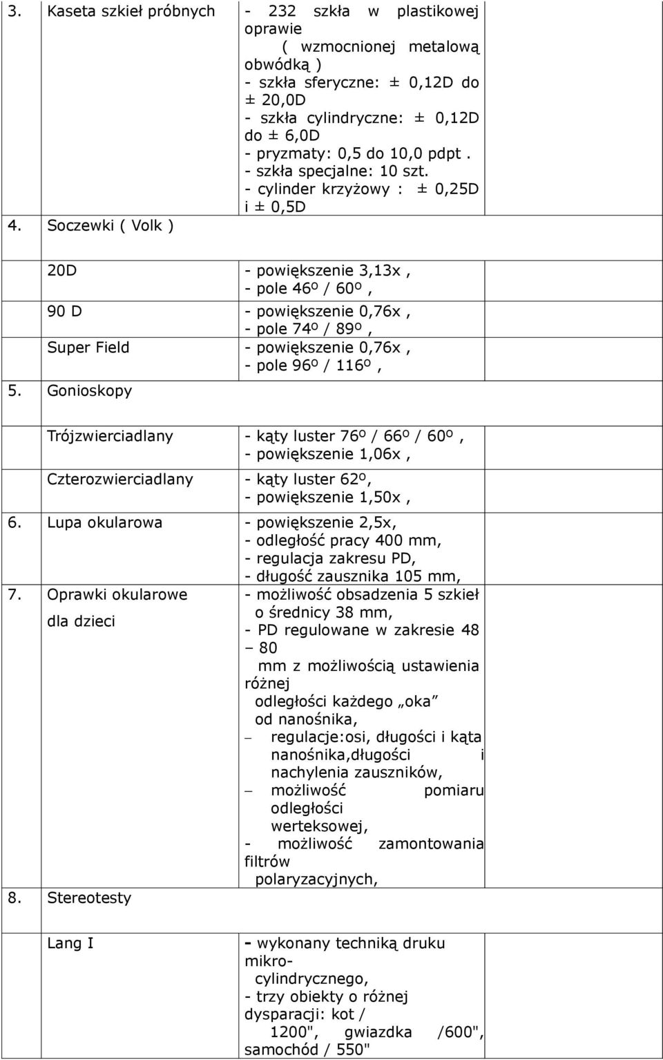 Soczewki ( Volk ) 20D - powiększenie 3,13x, - pole 46º / 60º, 90 D - powiększenie 0,76x, - pole 74º / 89º, Super Field - powiększenie 0,76x, - pole 96º / 116º, 5.