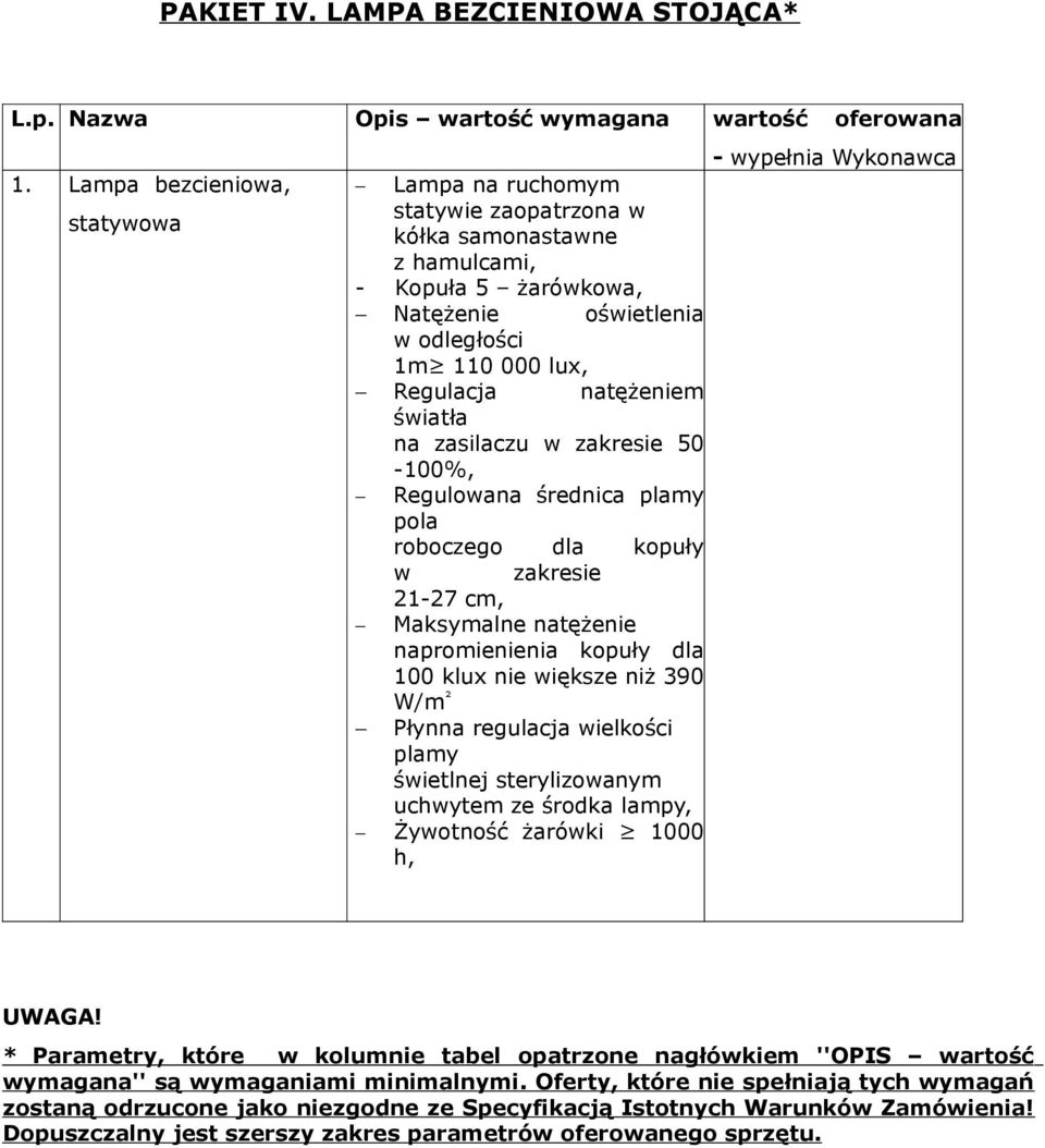 światła na zasilaczu w zakresie 50-100%, Regulowana średnica plamy pola roboczego dla kopuły w zakresie 21-27 cm, Maksymalne natężenie napromienienia kopuły dla 100 klux nie większe niż 390 W/m ²