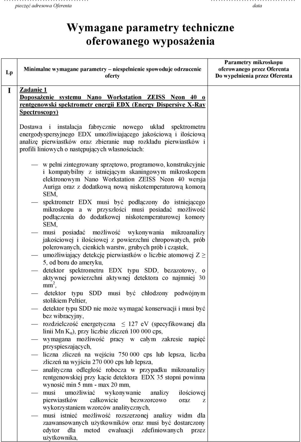 instalacja fabrycznie nowego układ spektrometru energodyspersyjnego EDX umożliwiającego jakościową i ilościową analizę pierwiastków oraz zbieranie map rozkładu pierwiastków i profili liniowych o