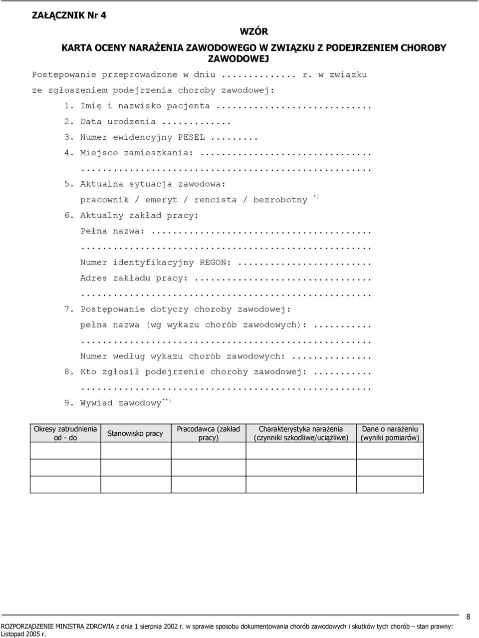 Aktualny zakład pracy: Pełna nazwa:.... Numer identyfikacyjny REGON:... Adres zakładu pracy:.... 7. Postępowanie dotyczy choroby zawodowej: pełna nazwa (wg wykazu chorób zawodowych):.