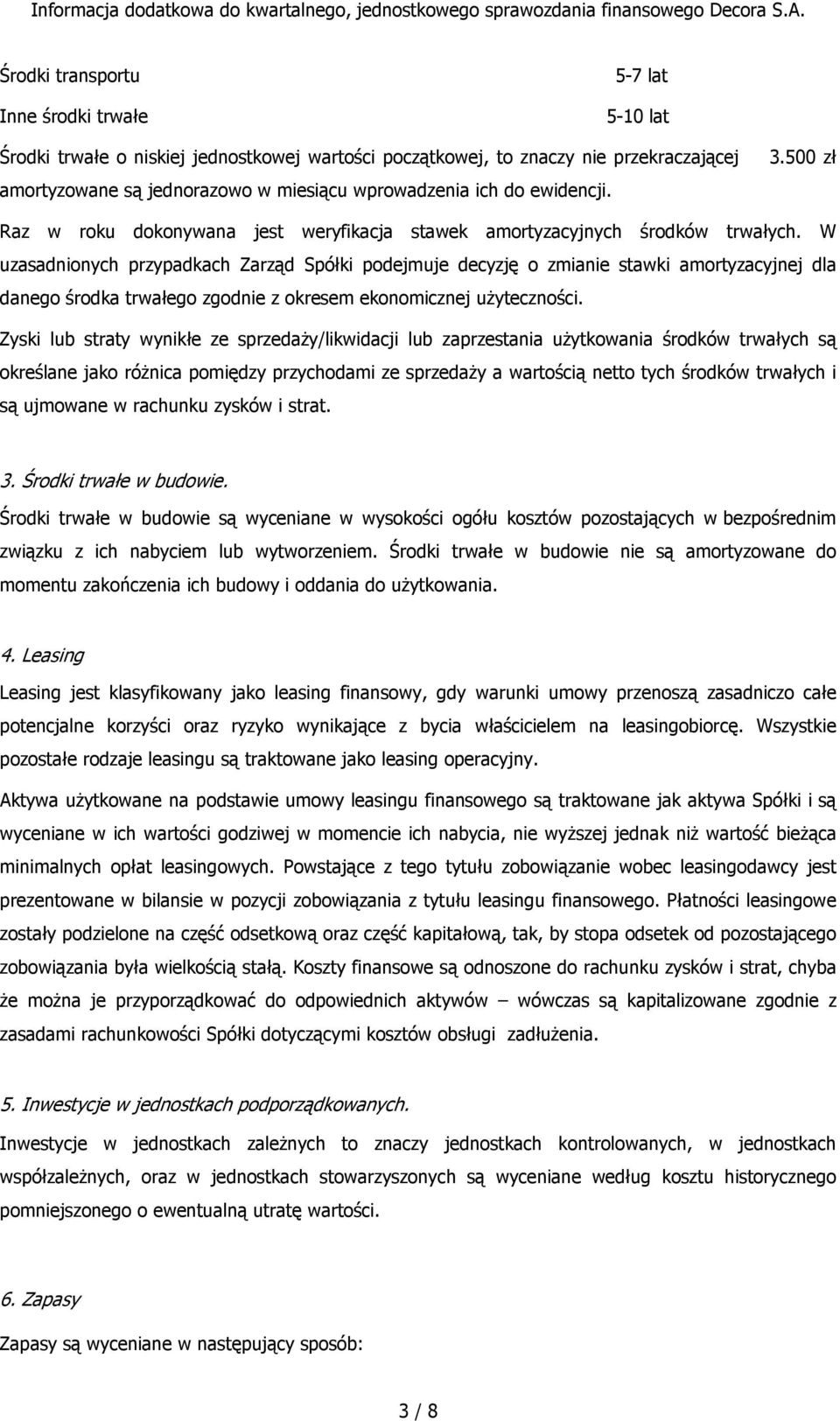 W uzasadnionych przypadkach Zarząd Spółki podejmuje decyzję o zmianie stawki amortyzacyjnej dla danego środka trwałego zgodnie z okresem ekonomicznej użyteczności.