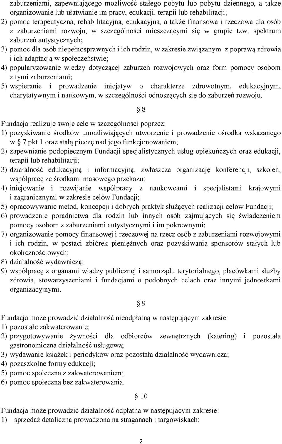 spektrum zaburzeń autystycznych; 3) pomoc dla osób niepełnosprawnych i ich rodzin, w zakresie związanym z poprawą zdrowia i ich adaptacją w społeczeństwie; 4) popularyzowanie wiedzy dotyczącej