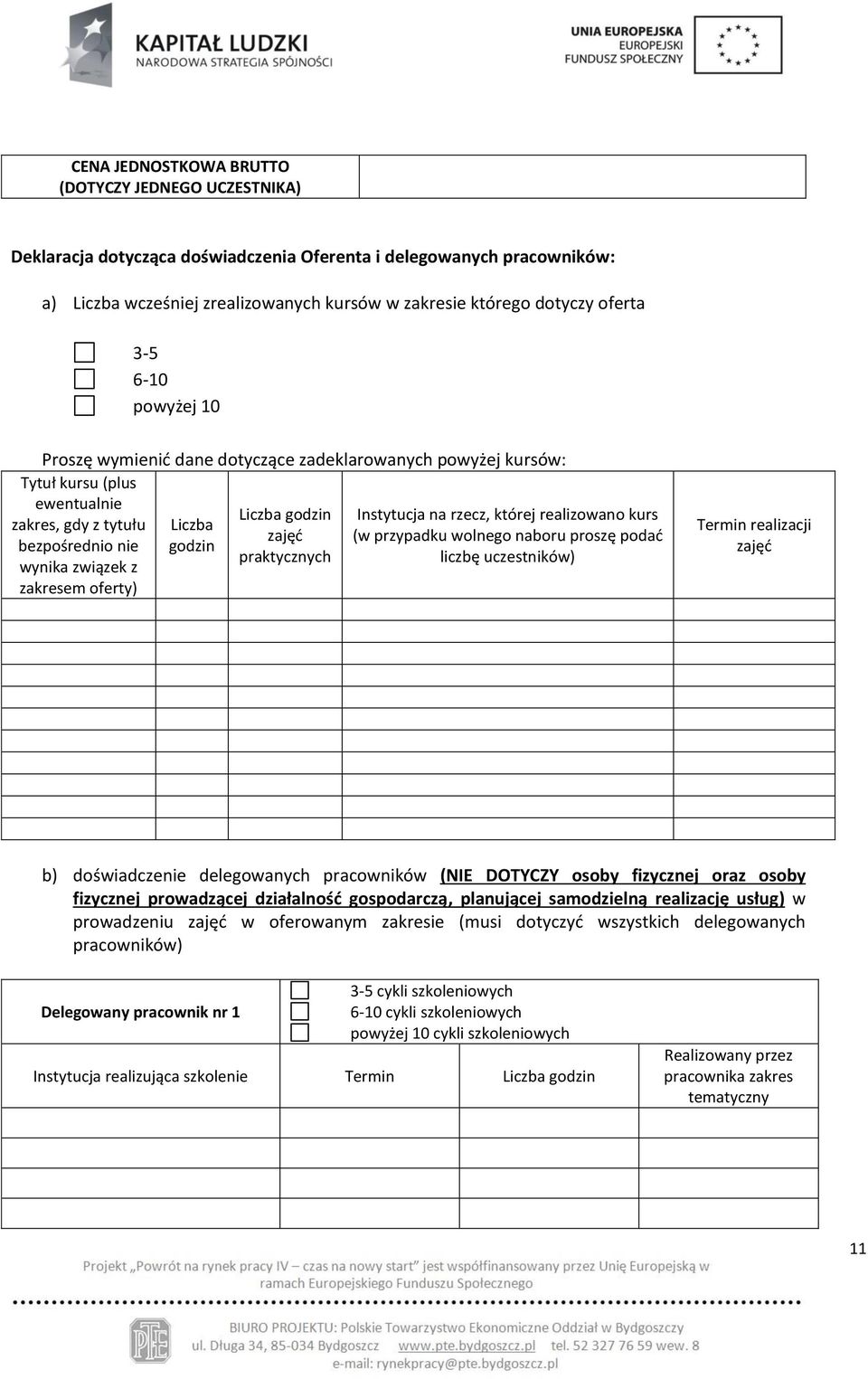 godzin Liczba godzin zajęć praktycznych Instytucja na rzecz, której realizowano kurs (w przypadku wolnego naboru proszę podać liczbę uczestników) Termin realizacji zajęć b) doświadczenie delegowanych