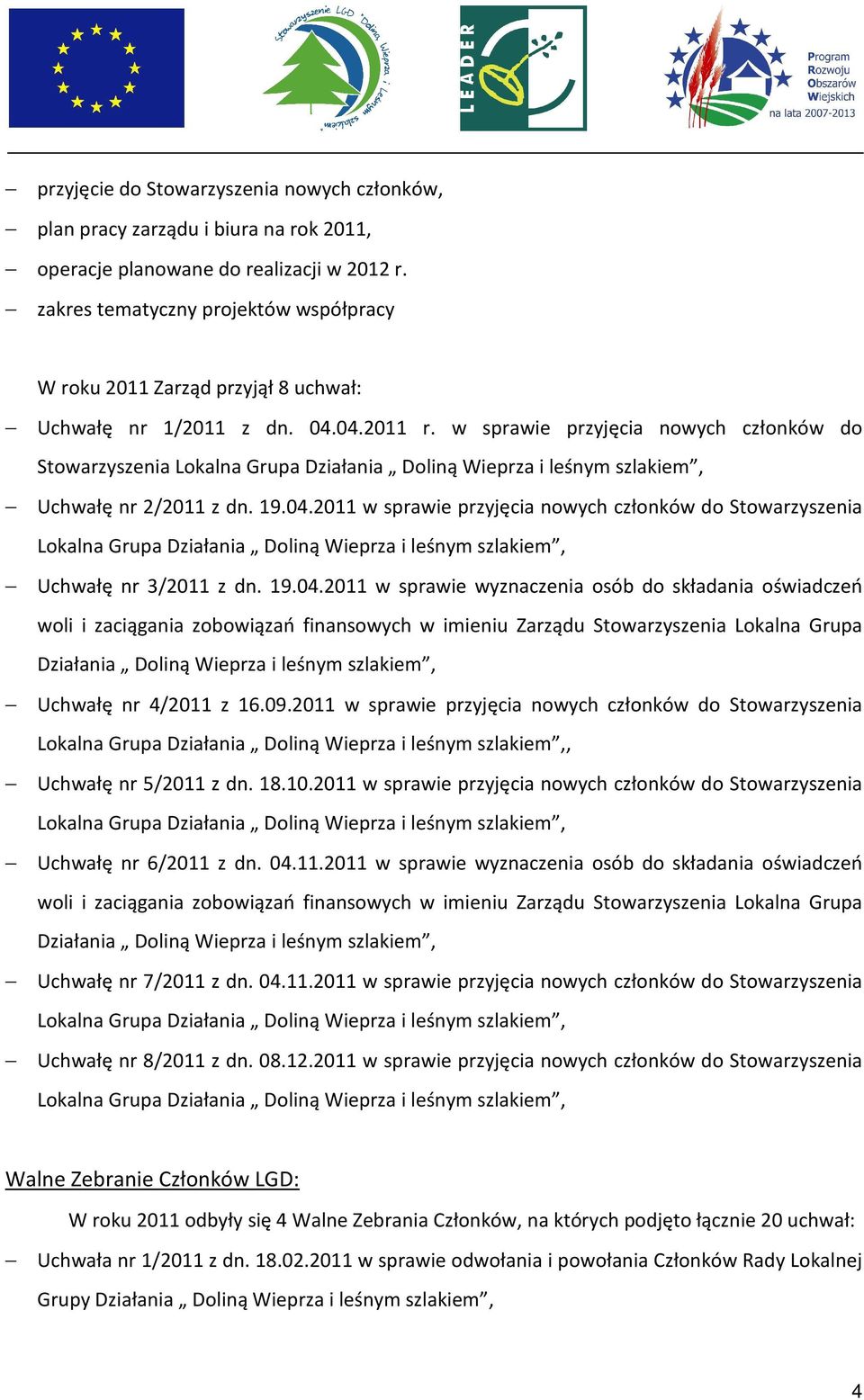 w sprawie przyjęcia nowych członków do Stowarzyszenia Lokalna Grupa Działania Doliną Wieprza i leśnym szlakiem, Uchwałę nr 2/2011 z dn. 19.04.