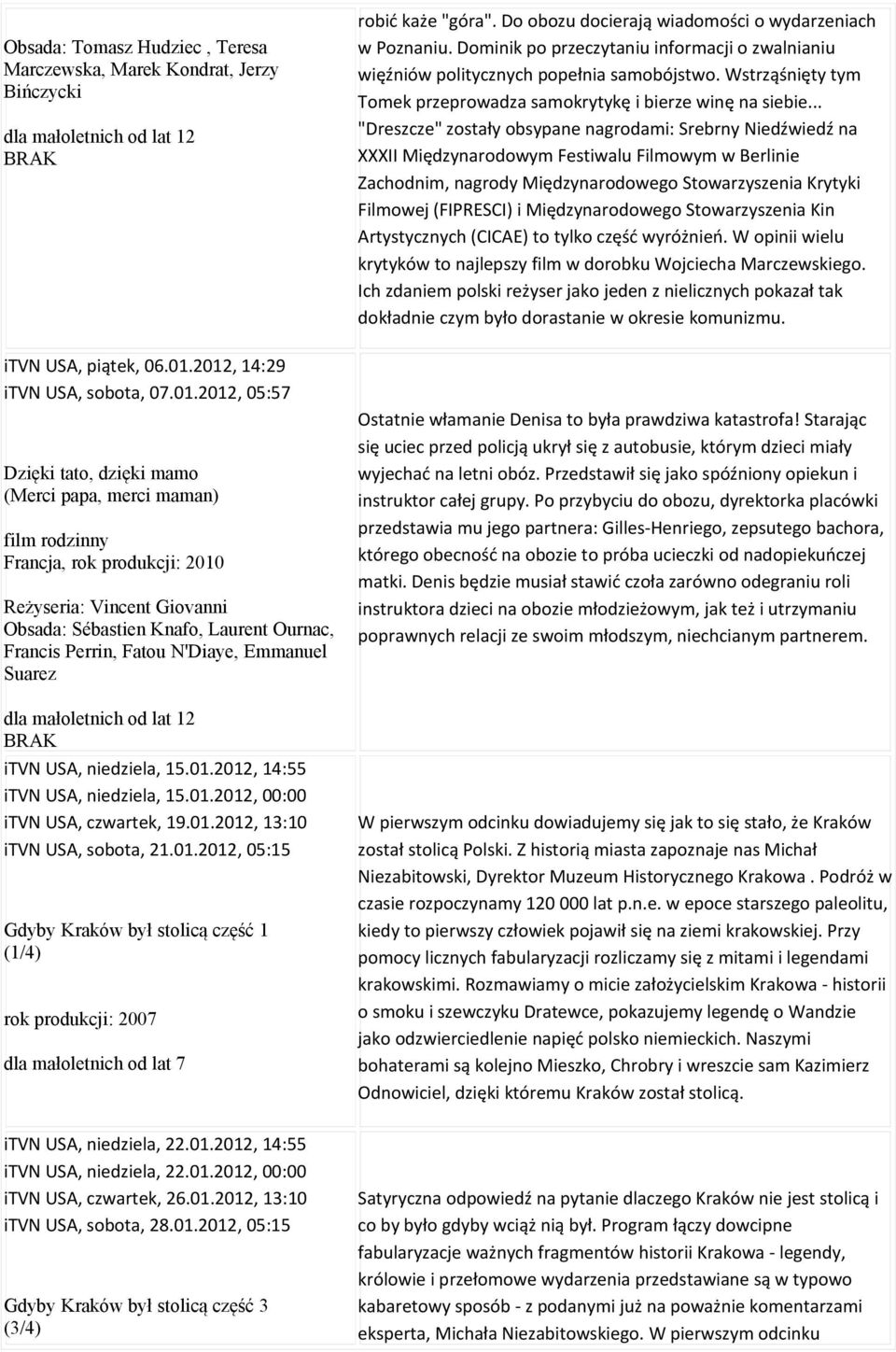 Laurent Ournac, Francis Perrin, Fatou N'Diaye, Emmanuel Suarez itvn USA, niedziela, 15.01.2012, 14:55 itvn USA, niedziela, 15.01.2012, 00:00 itvn USA, czwartek, 19.01.2012, 13:10 itvn USA, sobota, 21.