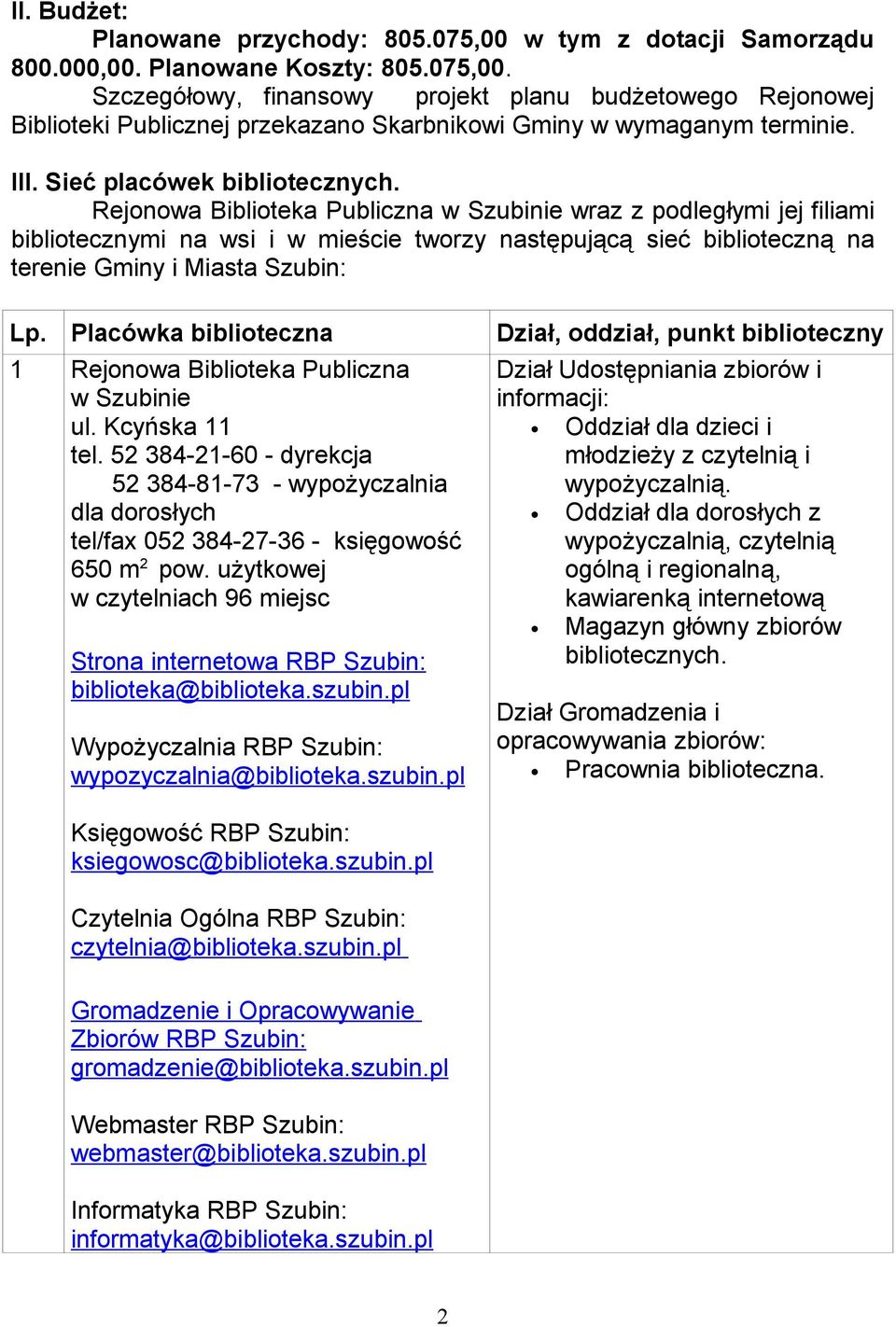 Rejonowa Biblioteka Publiczna w Szubinie wraz z podległymi jej filiami bibliotecznymi na wsi i w mieście tworzy następującą sieć biblioteczną na terenie Gminy i Miasta Szubin: Lp.