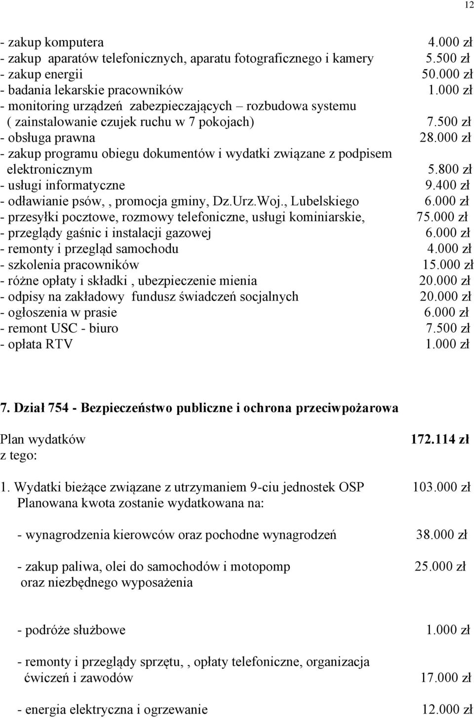 000 zł - zakup programu obiegu dokumentów i wydatki związane z podpisem elektronicznym 5.800 zł - usługi informatyczne 9.400 zł - odławianie psów,, promocja gminy, Dz.Urz.Woj., Lubelskiego 6.