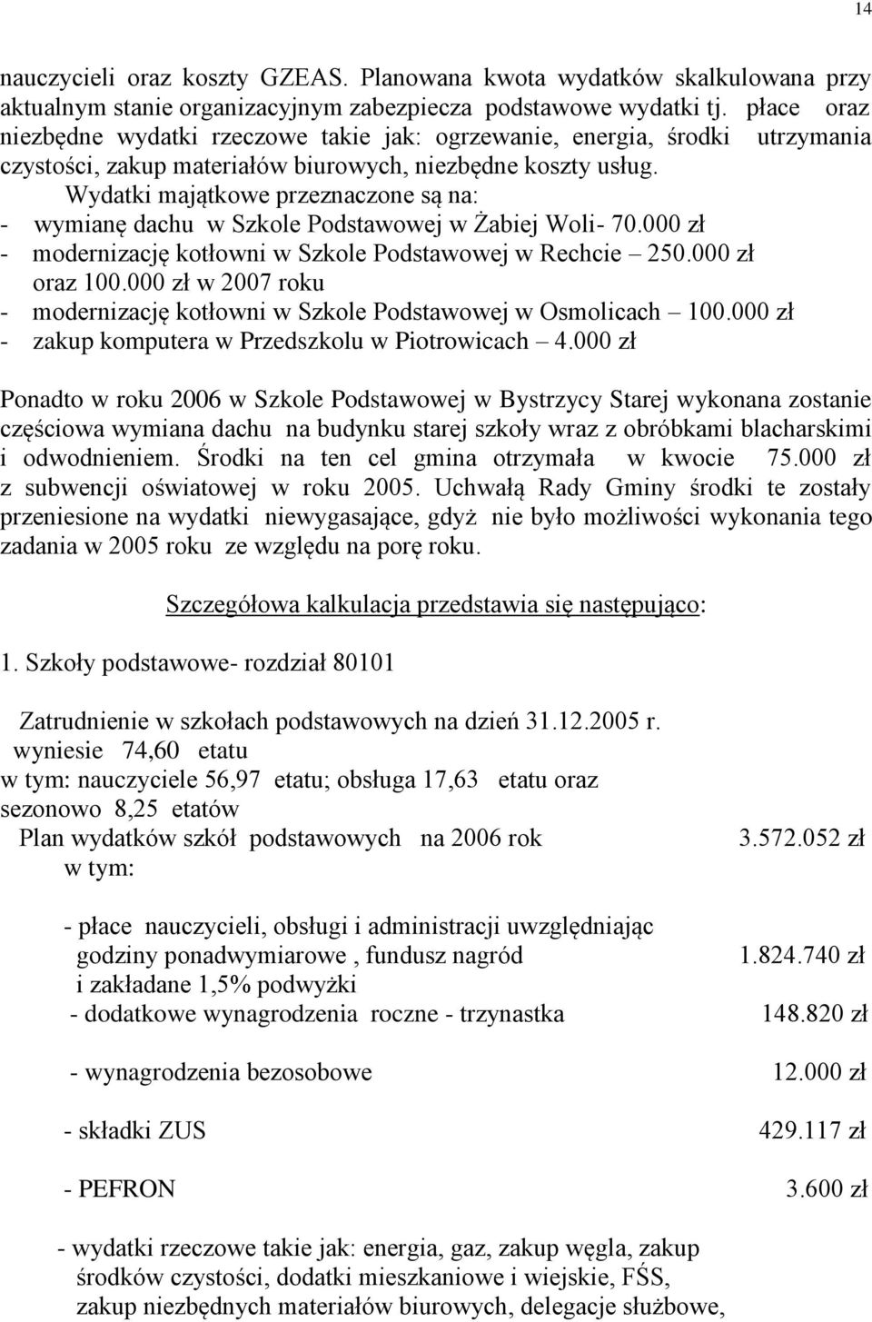 Wydatki majątkowe przeznaczone są na: - wymianę dachu w Szkole Podstawowej w Żabiej Woli- 70.000 zł - modernizację kotłowni w Szkole Podstawowej w Rechcie 250.000 zł oraz 100.