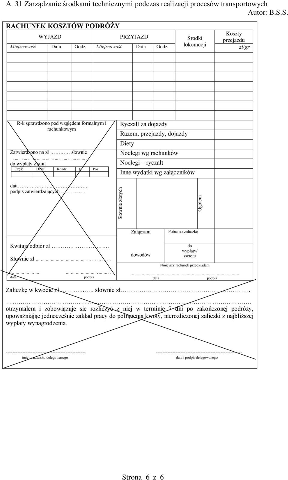 Ryczałt za dojazdy Razem, przejazdy, dojazdy Diety Noclegi wg rachunków Noclegi ryczałt Inne wydatki wg załączników data.. podpis zatwierdzających. Załączam Pobrano zaliczkę Kwituję odbiór zł.