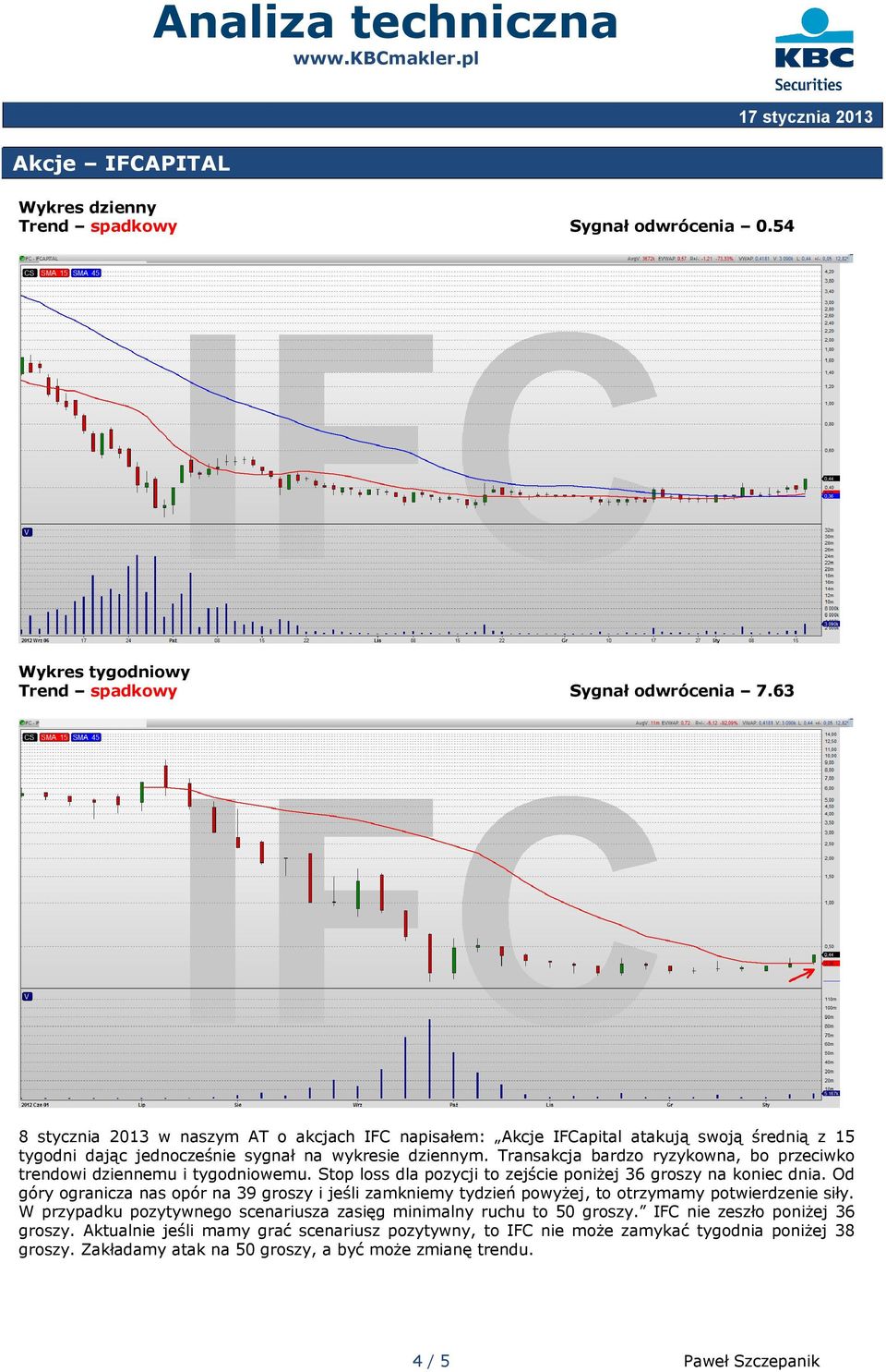 Transakcja bardzo ryzykowna, bo przeciwko trendowi dziennemu i tygodniowemu. Stop loss dla pozycji to zejście poniżej 36 groszy na koniec dnia.