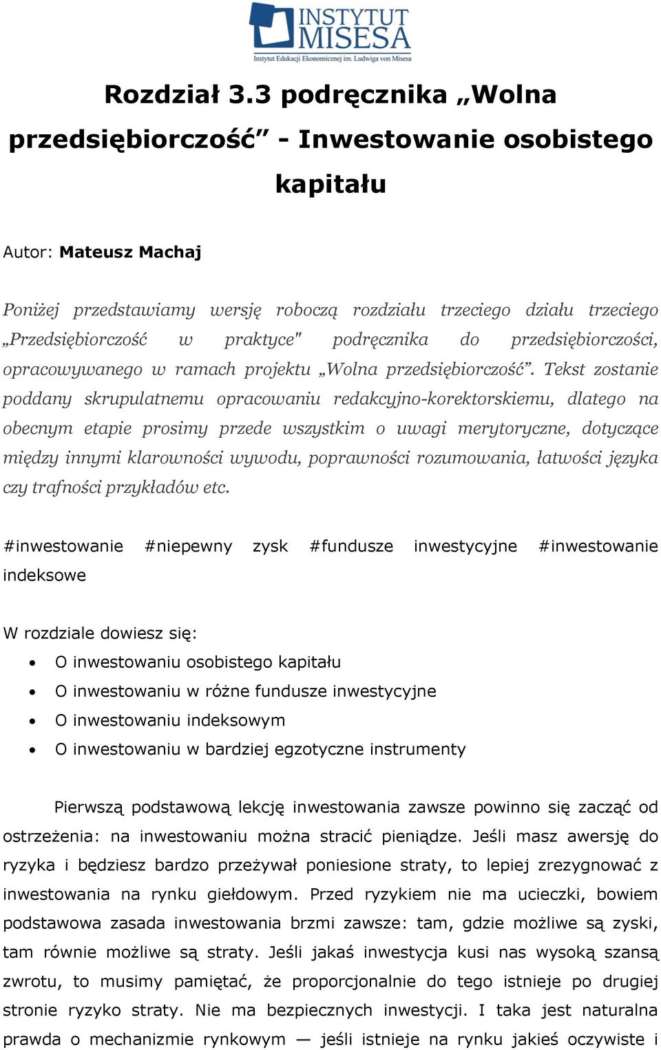 podręcznika do przedsiębiorczości, opracowywanego w ramach projektu Wolna przedsiębiorczość.