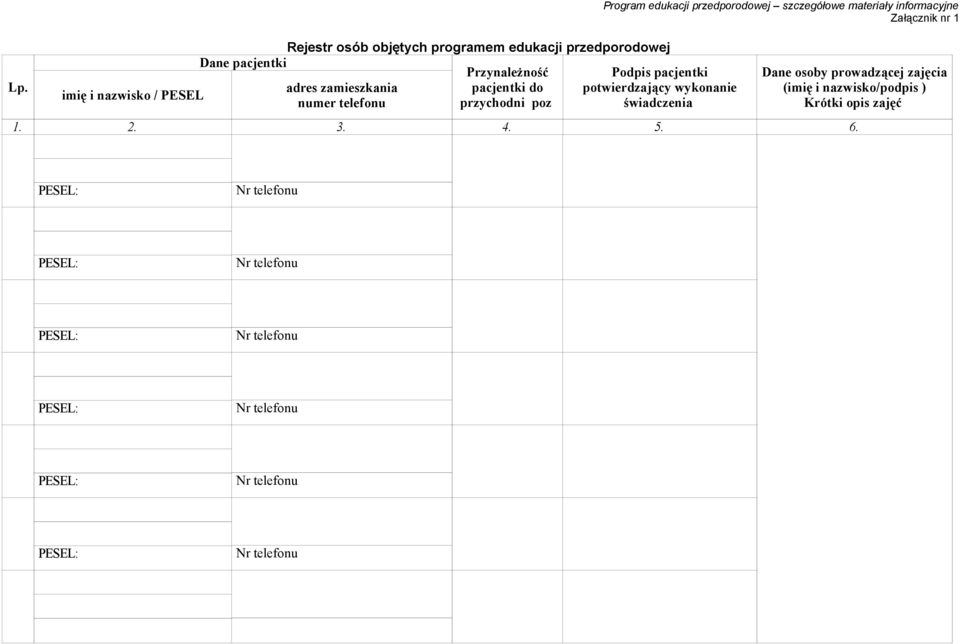 przedporodowej szczegółowe materiały informacyjne Załącznik nr 1 Dane osoby prowadzącej zajęcia (imię i nazwisko/podpis ) Krótki