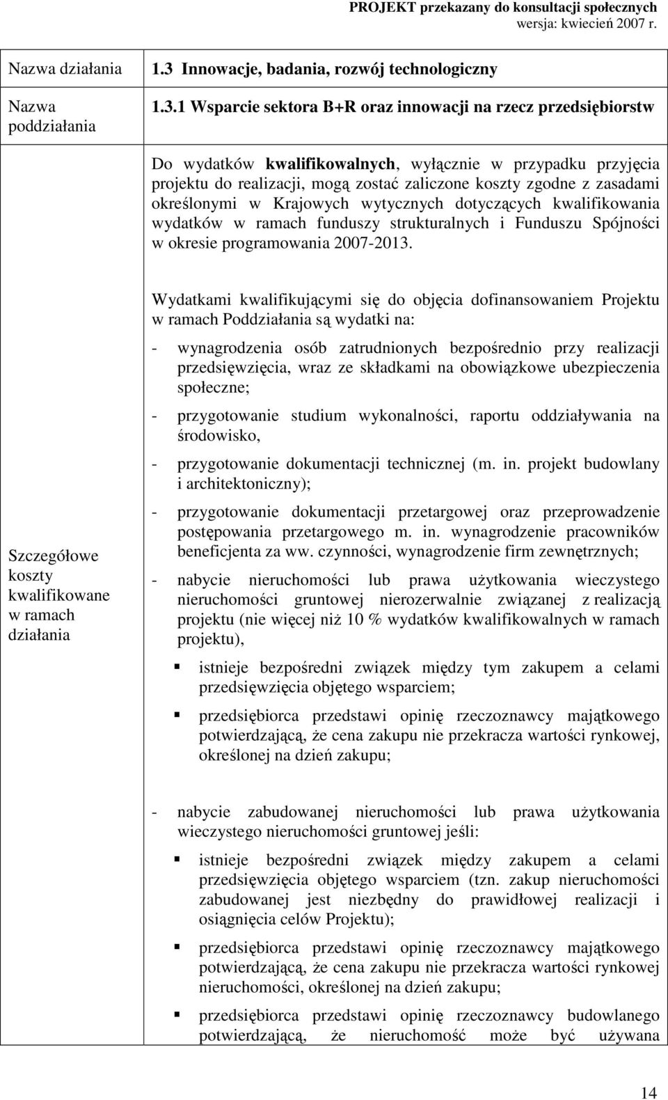 1 Wsparcie sektora B+R oraz innowacji na rzecz przedsiębiorstw Do wydatków kwalifikowalnych, wyłącznie w przypadku przyjęcia projektu do realizacji, mogą zostać zaliczone koszty zgodne z zasadami