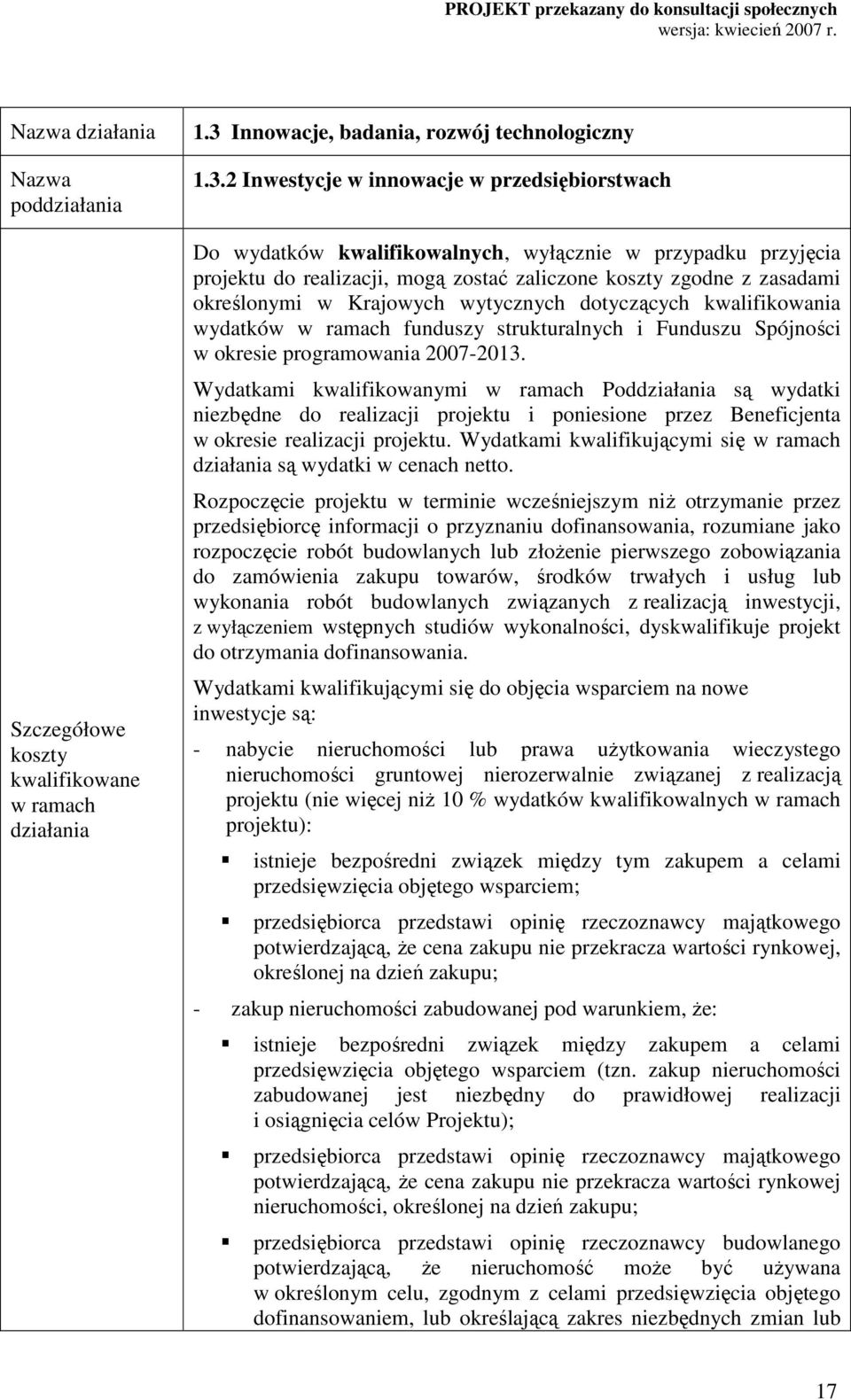 2 Inwestycje w innowacje w przedsiębiorstwach Do wydatków kwalifikowalnych, wyłącznie w przypadku przyjęcia projektu do realizacji, mogą zostać zaliczone koszty zgodne z zasadami określonymi w