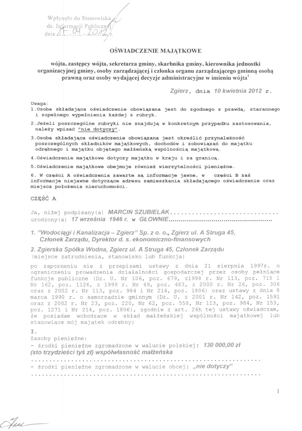 gminną osobą prawną oraz osoby wydającej decyzje administracyjne w imieniu wójta 1 Zgierz, dnia 10 kwietnia 2012 r. Uwaga: 1.Osoba składająca oświadczenie obowiązana jest do zgodnego z prawda.