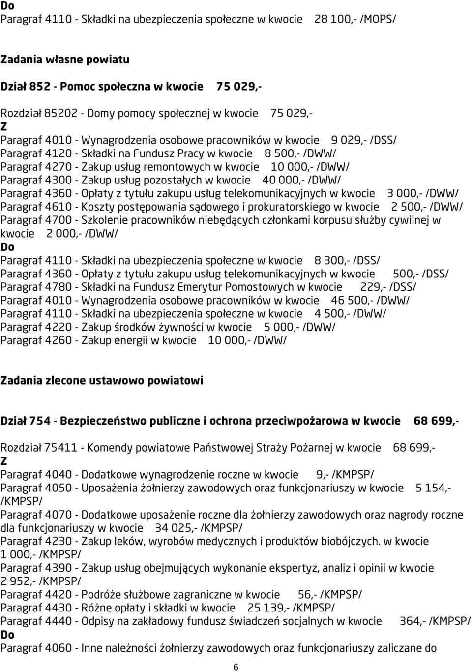 Paragraf 4300 - akup usług pozostałych w kwocie 40 000,- /DWW/ Paragraf 4360 - Opłaty z tytułu zakupu usług telekomunikacyjnych w kwocie 3 000,- /DWW/ Paragraf 4610 - Koszty postępowania sądowego i