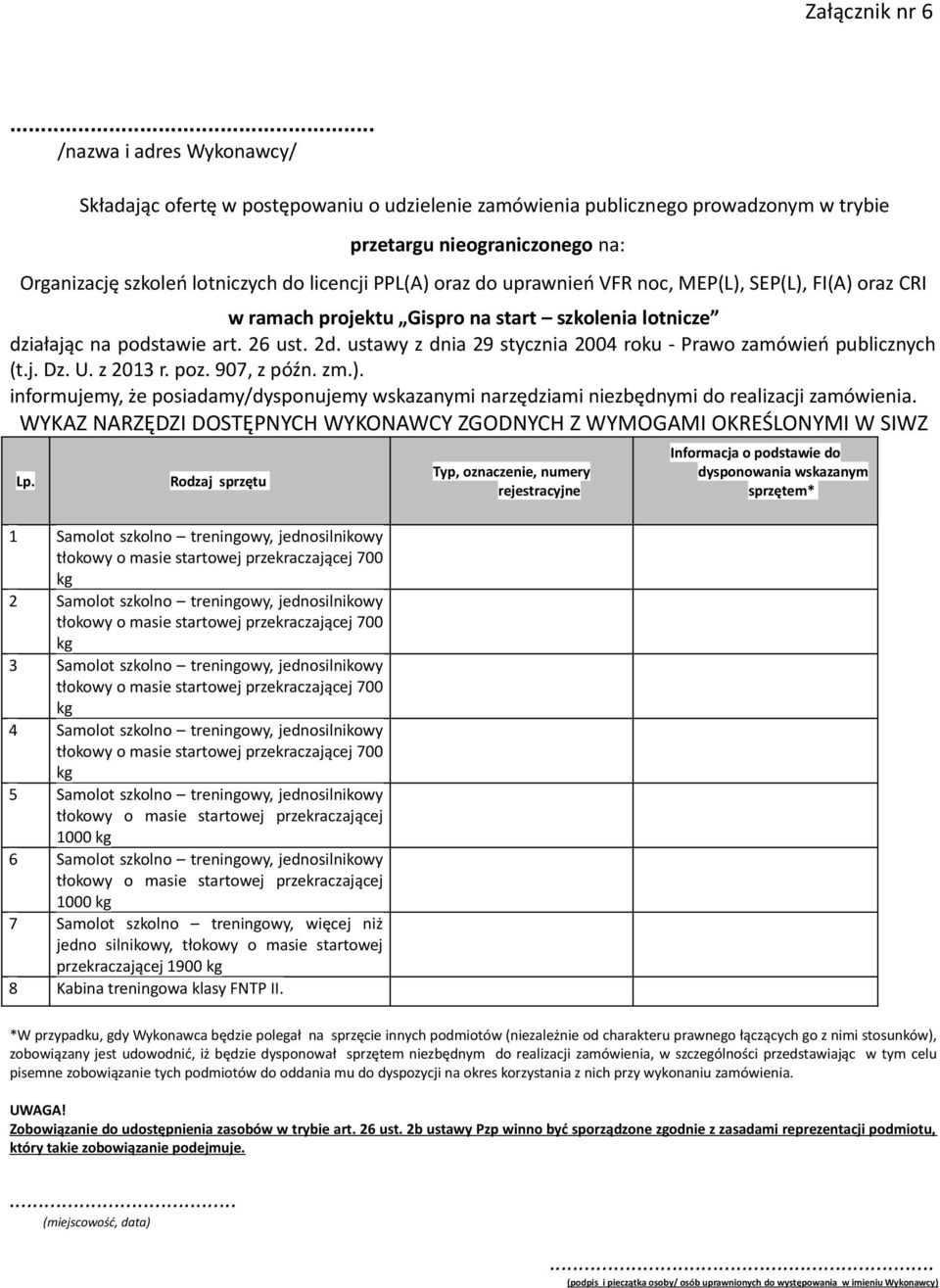 oraz do uprawnień VFR noc, MEP(L), SEP(L), FI(A) oraz CRI w ramach projektu Gispro na start szkolenia lotnicze działając na podstawie art. 26 ust. 2d.