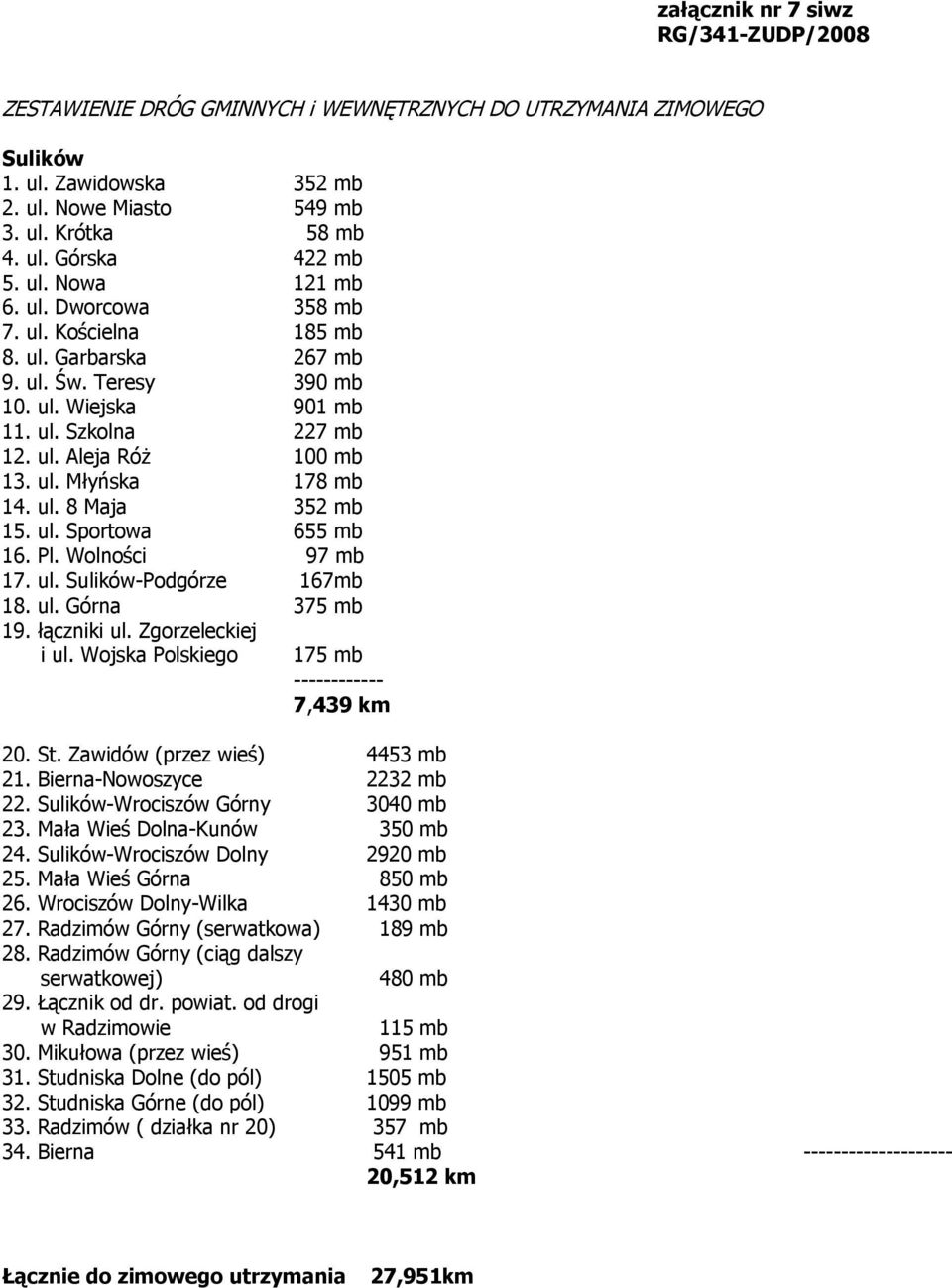 ul. 8 Maja 352 mb 15. ul. Sportowa 655 mb 16. Pl. Wolności 97 mb 17. ul. Sulików-Podgórze 167mb 18. ul. Górna 375 mb 19. łączniki ul. Zgorzeleckiej i ul.