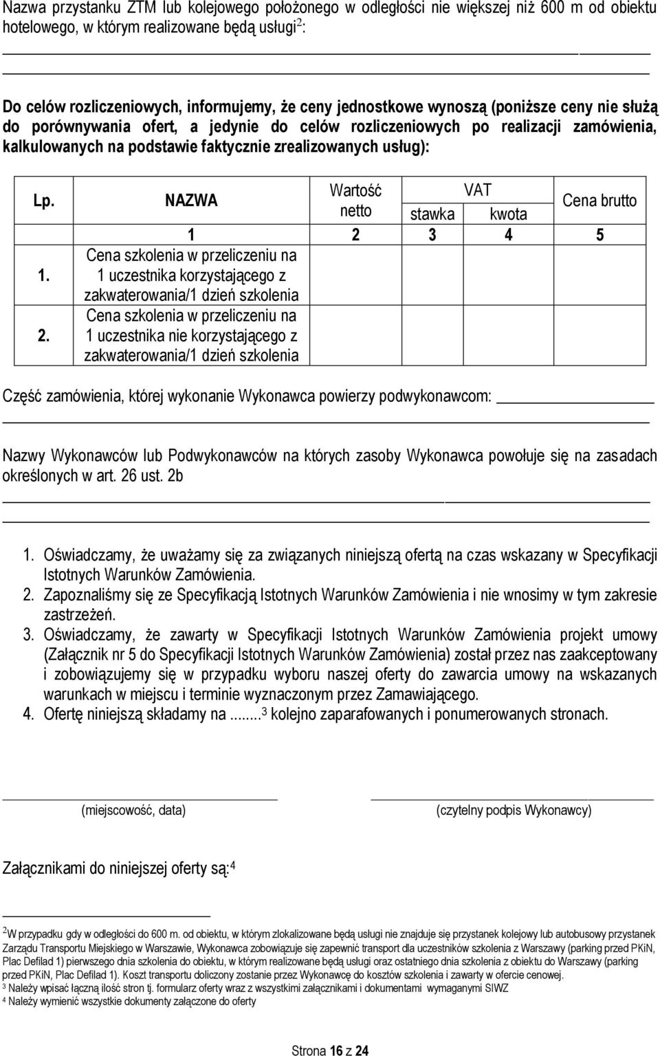 NAZWA Wartość VAT netto stawka kwota Cena brutto 1 2 3 4 5 Cena szkolenia w przeliczeniu na 1 uczestnika korzystającego z zakwaterowania/1 dzień szkolenia Cena szkolenia w przeliczeniu na 1