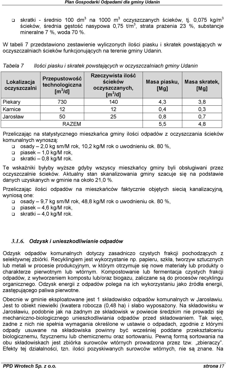 Tabela 7 Lokalizacja oczyszczalni Ilości piasku i skratek powstających w oczyszczalniach gminy Udanin Przepustowość technologiczna [m 3 /d] Rzeczywista ilość ścieków oczyszczanych, [m 3 /d] Masa