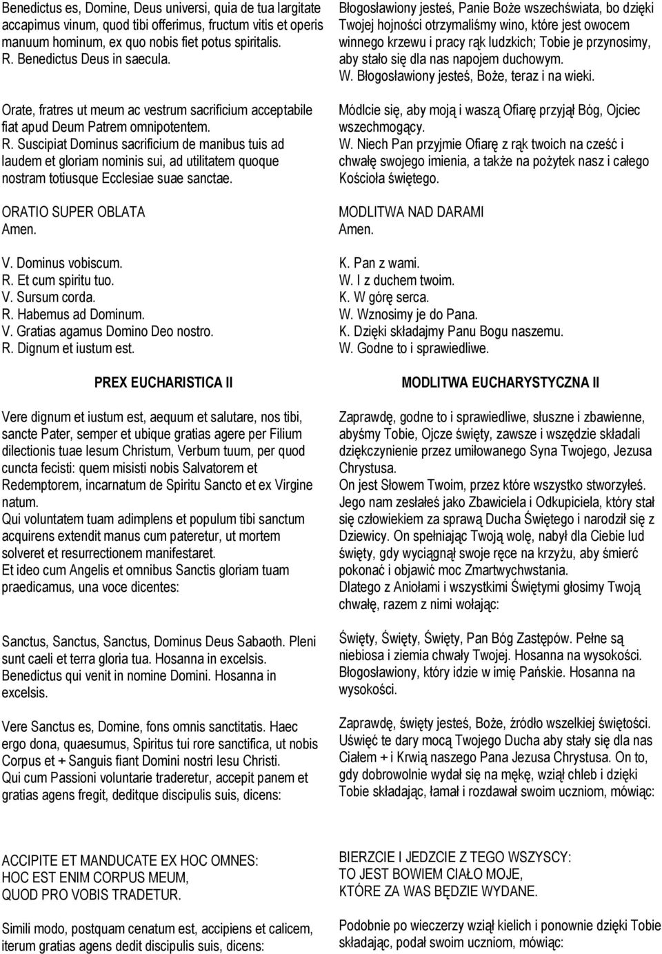 Suscipiat Dominus sacrificium de manibus tuis ad laudem et gloriam nominis sui, ad utilitatem quoque nostram totiusque Ecclesiae suae sanctae. ORATIO SUPER OBLATA Amen. V. Sursum corda. R.