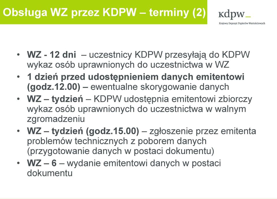 00) ewentualne skorygowanie danych WZ tydzień KDPW udostępnia emitentowi zbiorczy wykaz osób uprawnionych do uczestnictwa w