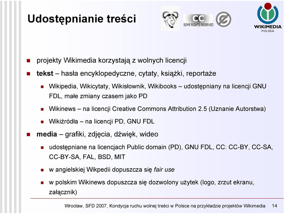 5 (Uznanie Autorstwa) Wikiźródła na licencji PD, GNU FDL media grafiki, zdjęcia, dźwięk, wideo udostępniane na licencjach Public domain (PD), GNU FDL, CC: CC-BY, CC-SA,