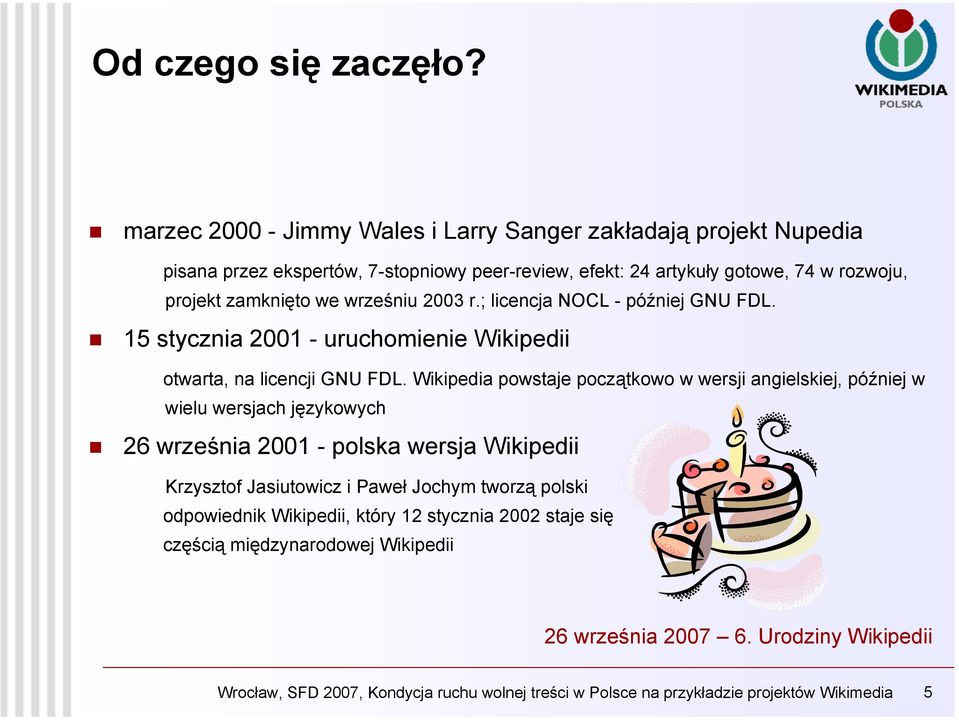 wrześniu 2003 r.; licencja NOCL - później GNU FDL. 15 stycznia 2001 - uruchomienie Wikipedii otwarta, na licencji GNU FDL.
