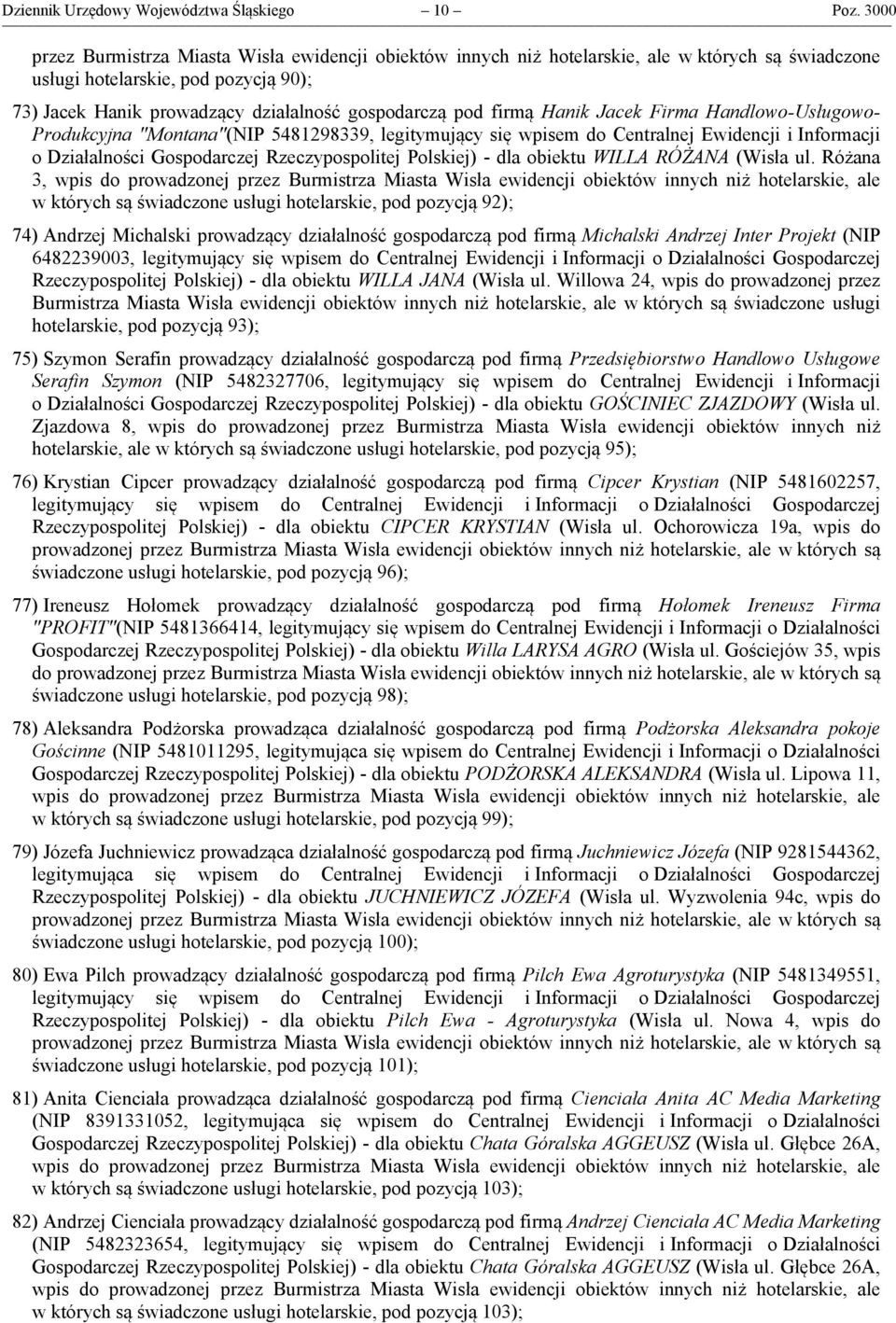 wpisem do Centralnej Ewidencji i Informacji o Działalności Gospodarczej Rzeczypospolitej Polskiej) - dla obiektu WILLA RÓŻANA (Wisła ul.