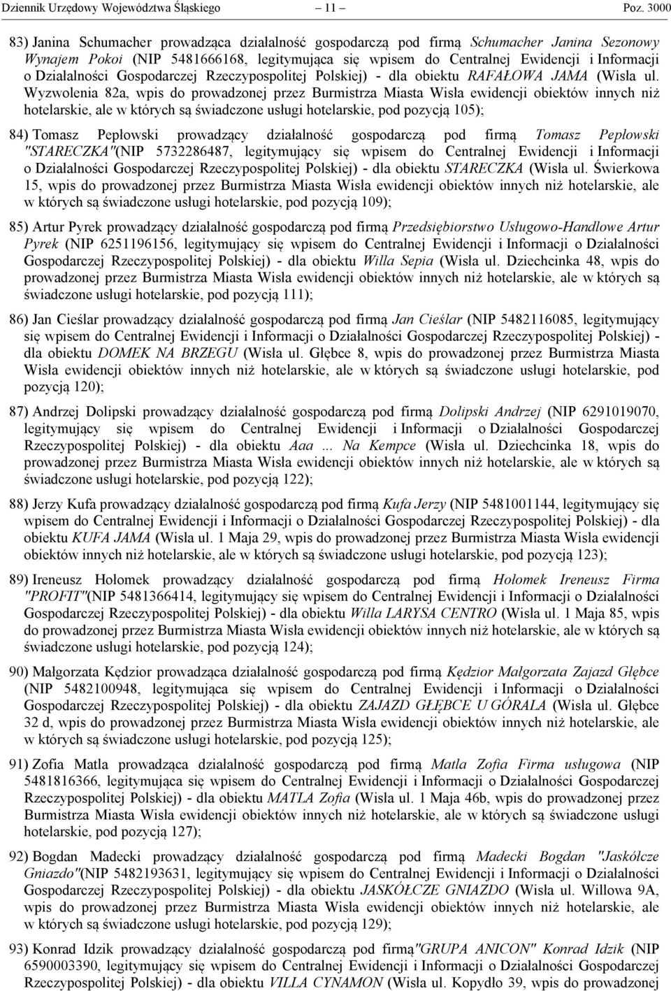 Działalności Gospodarczej Rzeczypospolitej Polskiej) - dla obiektu RAFAŁOWA JAMA (Wisła ul.