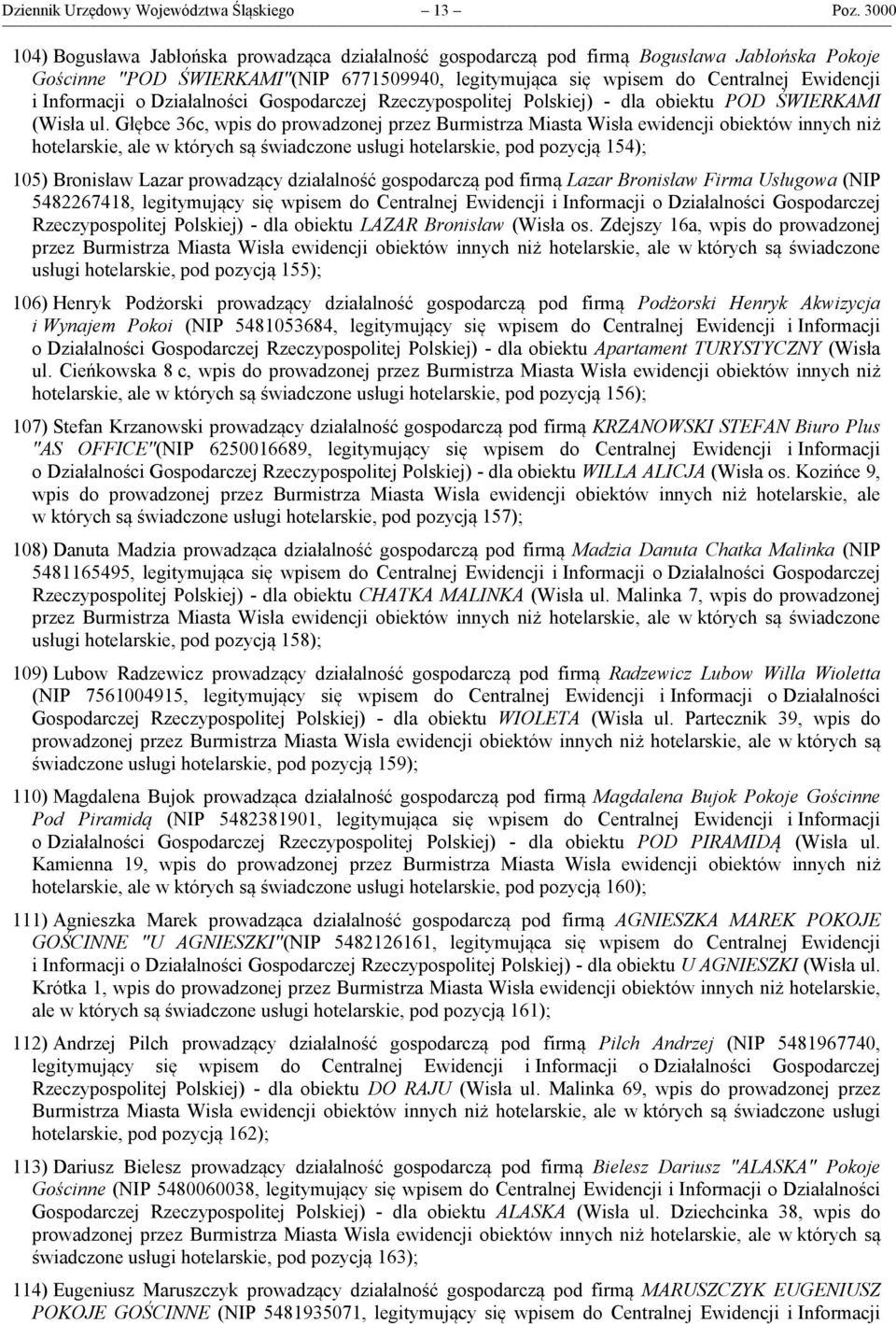 Informacji o Działalności Gospodarczej Rzeczypospolitej Polskiej) - dla obiektu POD ŚWIERKAMI (Wisła ul.