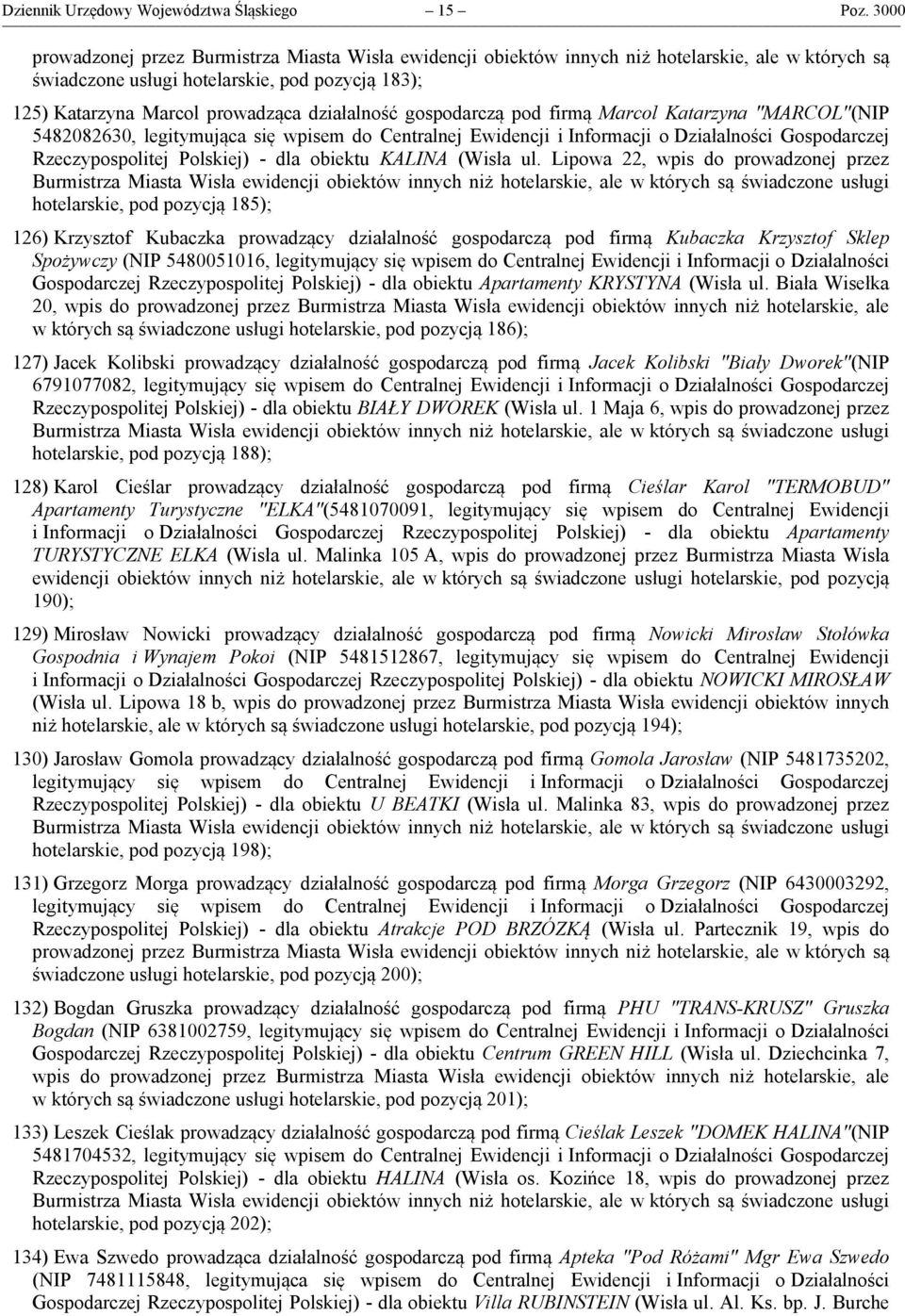 obiektu KALINA (Wisła ul.