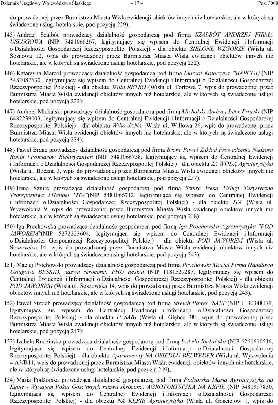 Centralnej Ewidencji i Informacji o Działalności Gospodarczej Rzeczypospolitej Polskiej) - dla obiektu ZIELONE WZGÓRZE (Wisła ul.