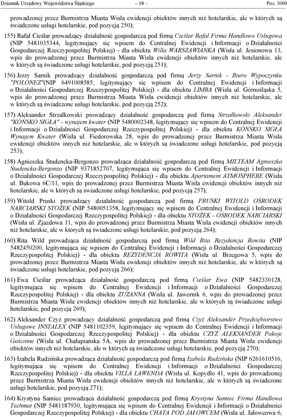 Centralnej Ewidencji i Informacji o Działalności Gospodarczej Rzeczypospolitej Polskiej) - dla obiektu Willa WARSZAWIANKA (Wisła ul.