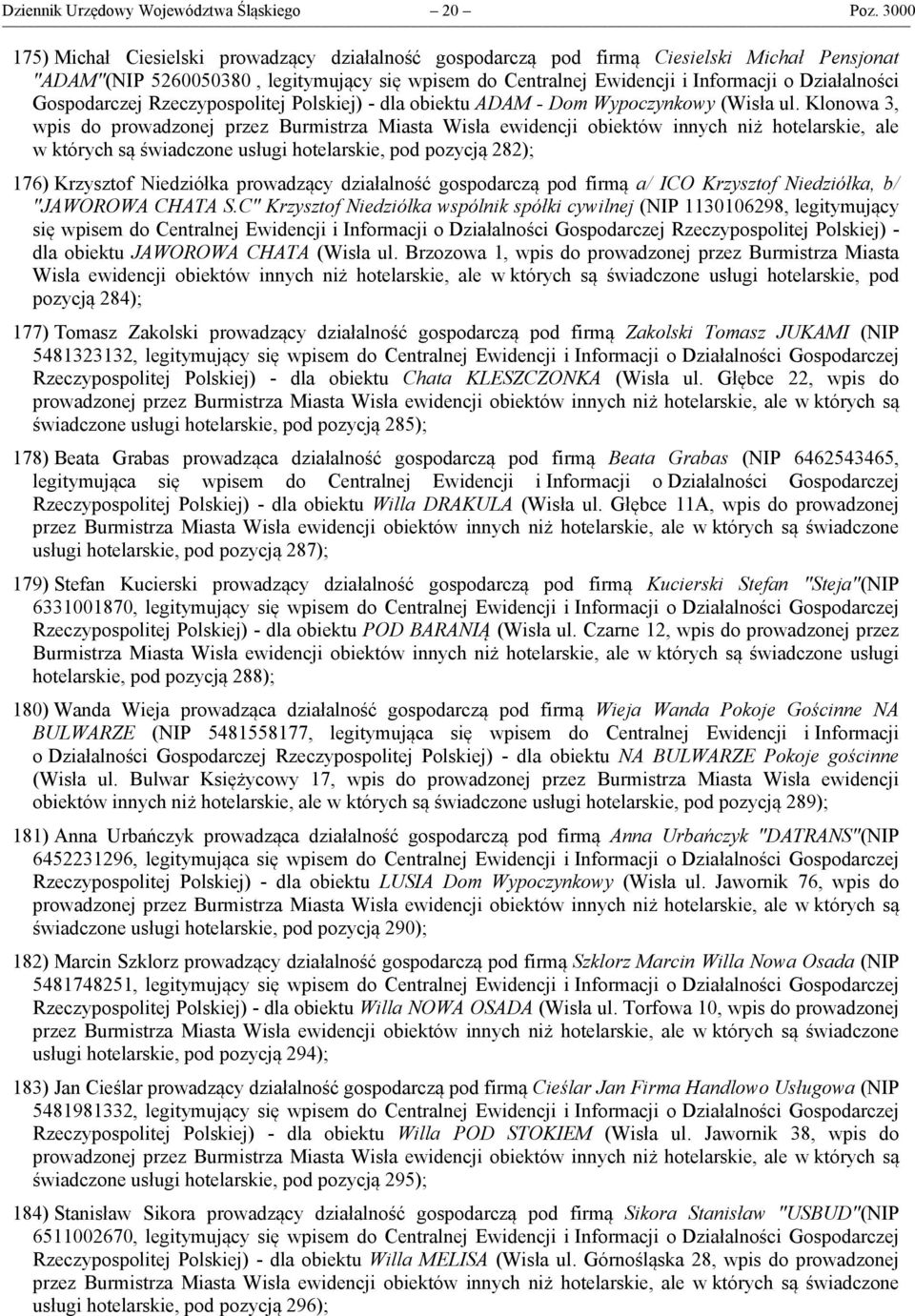 Gospodarczej Rzeczypospolitej Polskiej) - dla obiektu ADAM - Dom Wypoczynkowy (Wisła ul.