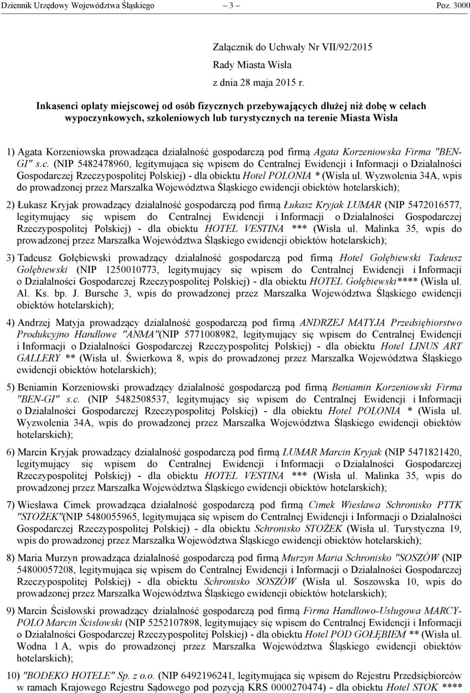 działalność gospodarczą pod firmą Agata Korzeniowska Firma "BEN- GI" s.c. (NIP 5482478960, legitymująca się wpisem do Centralnej Ewidencji i Informacji o Działalności Gospodarczej Rzeczypospolitej Polskiej) - dla obiektu Hotel POLONIA * (Wisła ul.