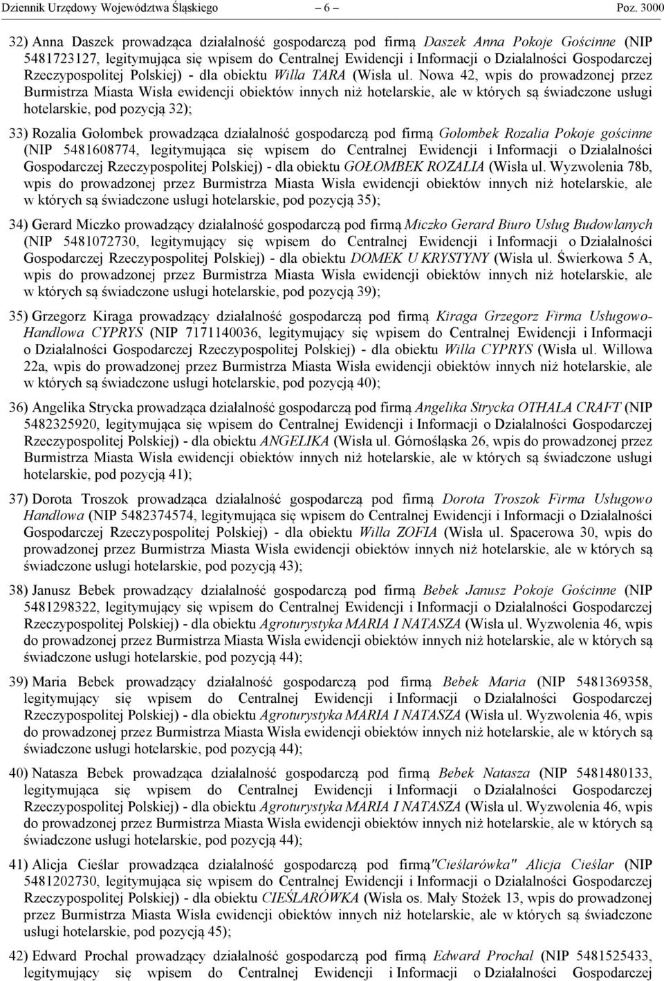 Nowa 42, wpis do prowadzonej przez hotelarskie, pod pozycją 32); 33) Rozalia Gołombek prowadząca działalność gospodarczą pod firmą Gołombek Rozalia Pokoje gościnne (NIP 5481608774, legitymująca się