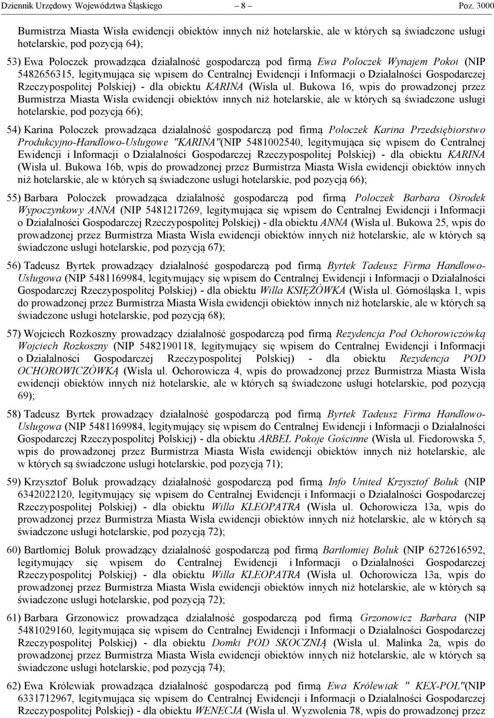 Bukowa 16, wpis do prowadzonej przez hotelarskie, pod pozycją 66); 54) Karina Poloczek prowadząca działalność gospodarczą pod firmą Poloczek Karina Przedsiębiorstwo Produkcyjno-Handlowo-Usługowe
