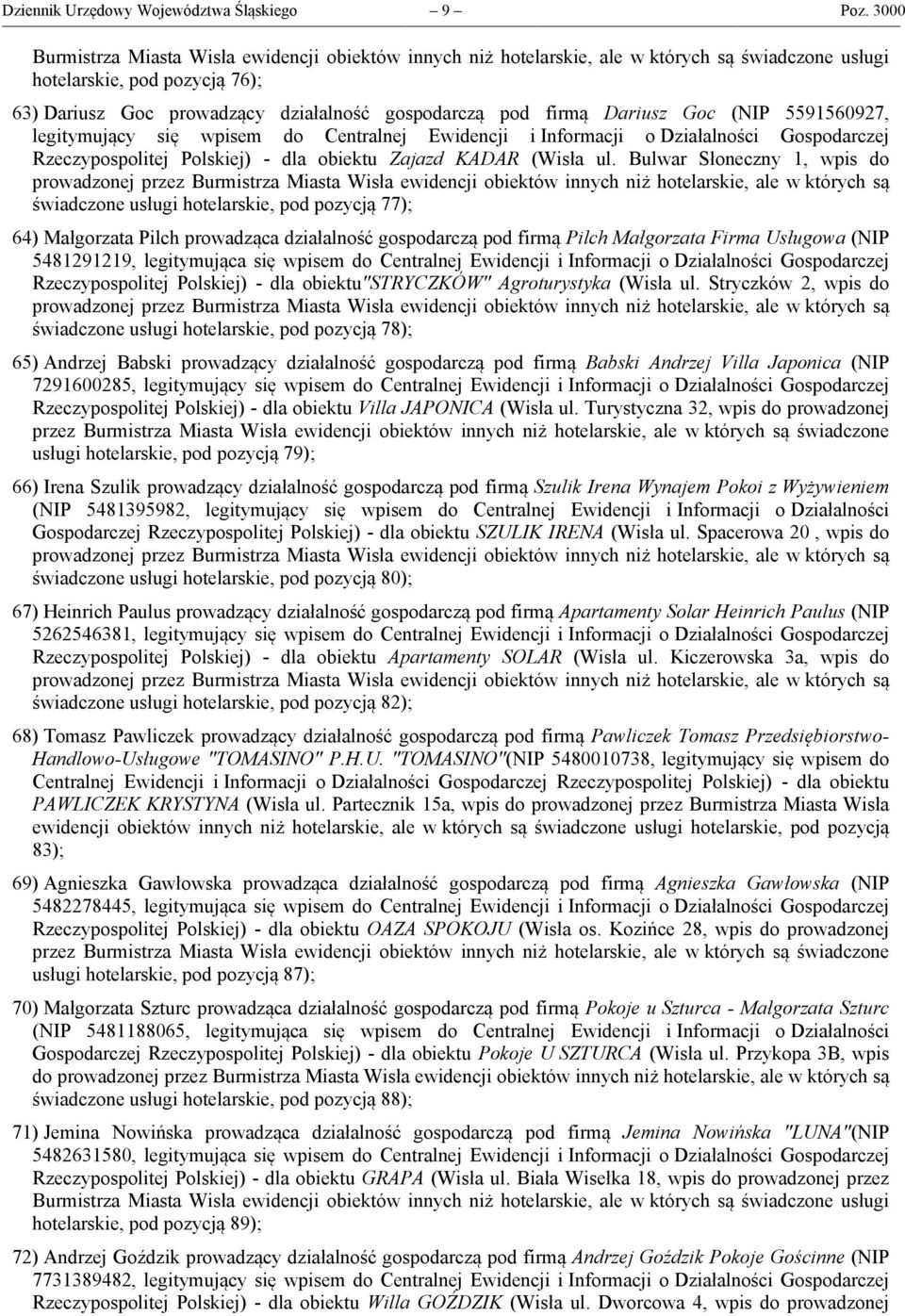 Bulwar Słoneczny 1, wpis do świadczone usługi hotelarskie, pod pozycją 77); 64) Małgorzata Pilch prowadząca działalność gospodarczą pod firmą Pilch Małgorzata Firma Usługowa (NIP 5481291219,