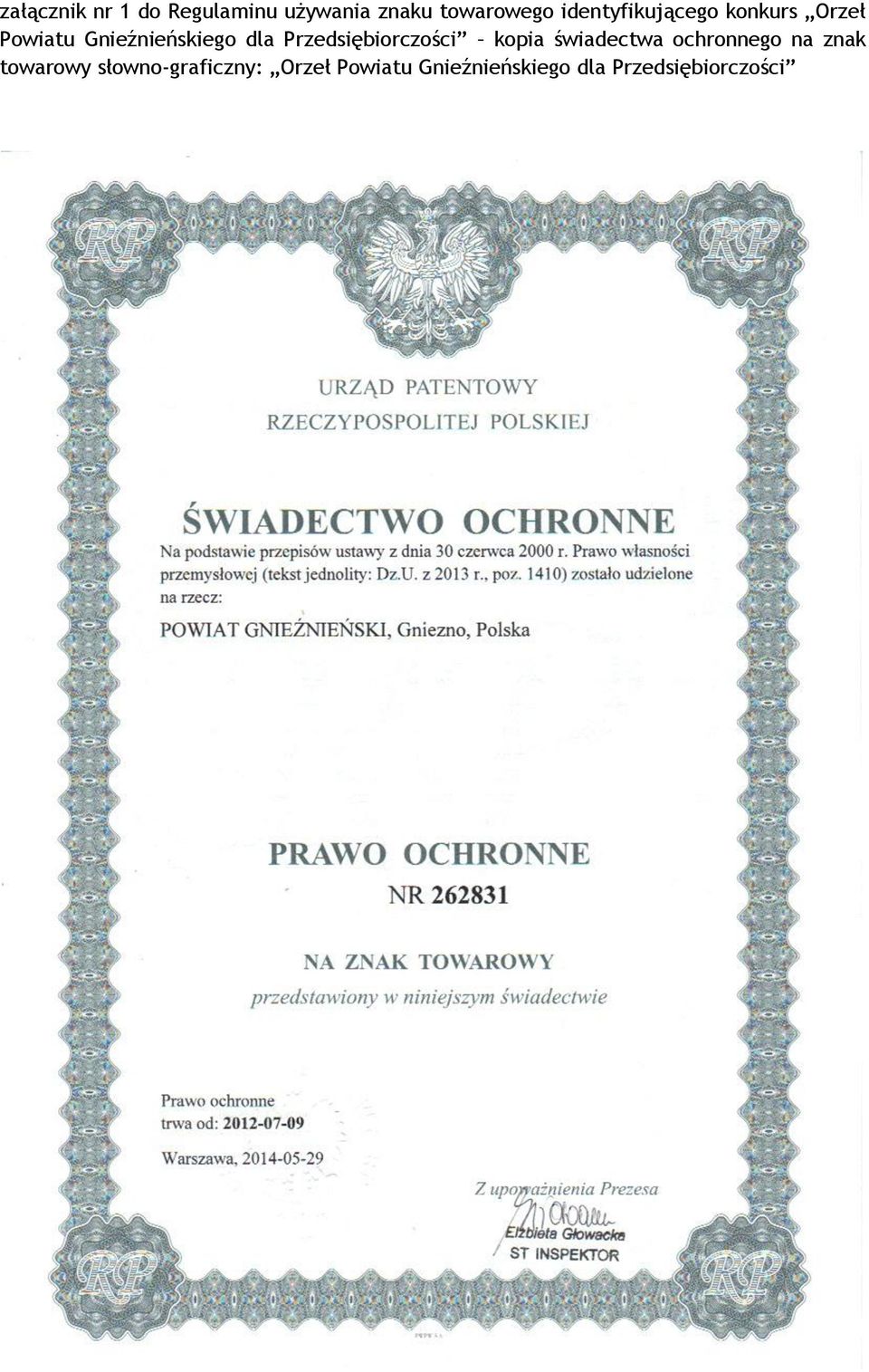 Przedsiębiorczości kopia świadectwa ochronnego na znak