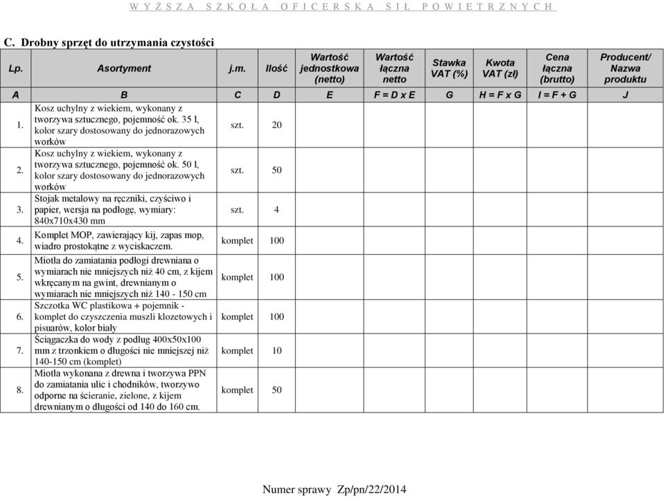 Stojak metalowy na ręczniki, czyściwo i papier, wersja na podłogę, wymiary: 840x710x430 mm szt. 4 4. 5. 6. 7. 8. Komplet MOP, zawierający kij, zapas mop, wiadro prostokątne z wyciskaczem.