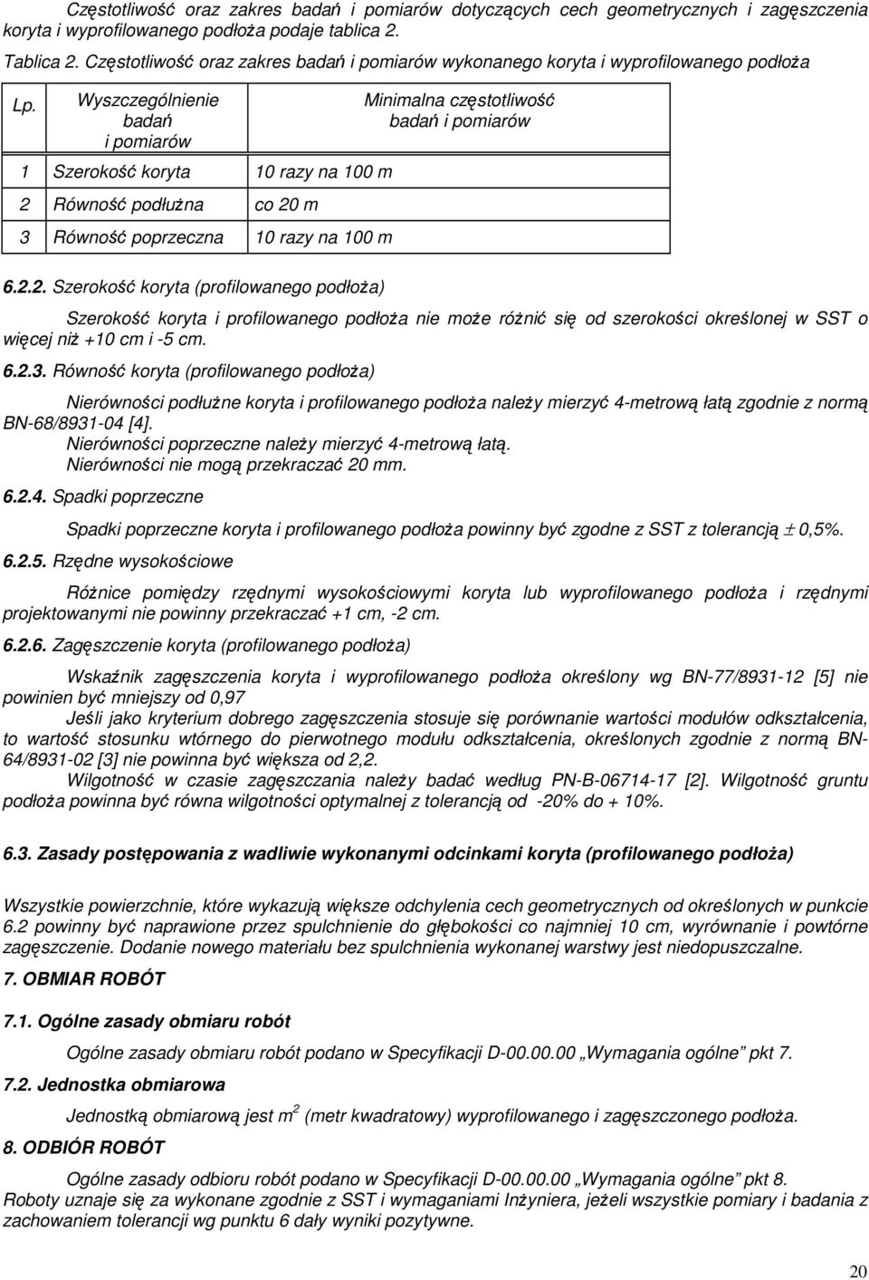 Wyszczególnienie badań i pomiarów 1 Szerokość koryta 10 razy na 100 m 2 