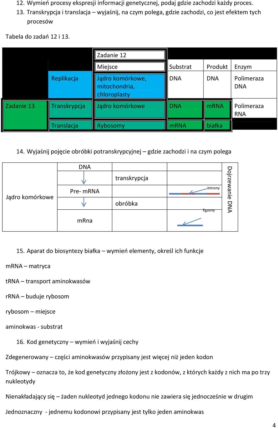 Replikacja Zadanie 12 Miejsce Substrat Produkt Enzym Jądro komórkowe, mitochondria, chloroplasty DNA DNA Polimeraza DNA Zadanie 13 Transkrypcja Jądro komórkowe DNA mrna Polimeraza RNA Translacja