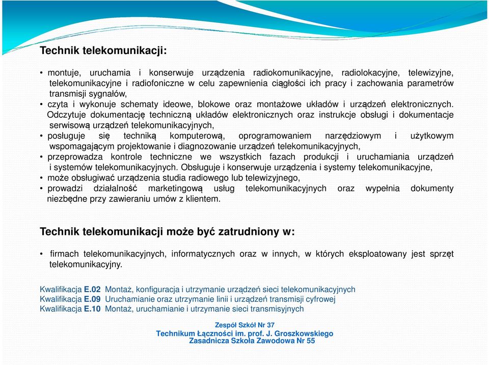 Odczytuje dokumentację techniczną układów elektronicznych oraz instrukcje obsługi i dokumentacje serwisową urządzeń telekomunikacyjnych, posługuje się techniką komputerową, oprogramowaniem