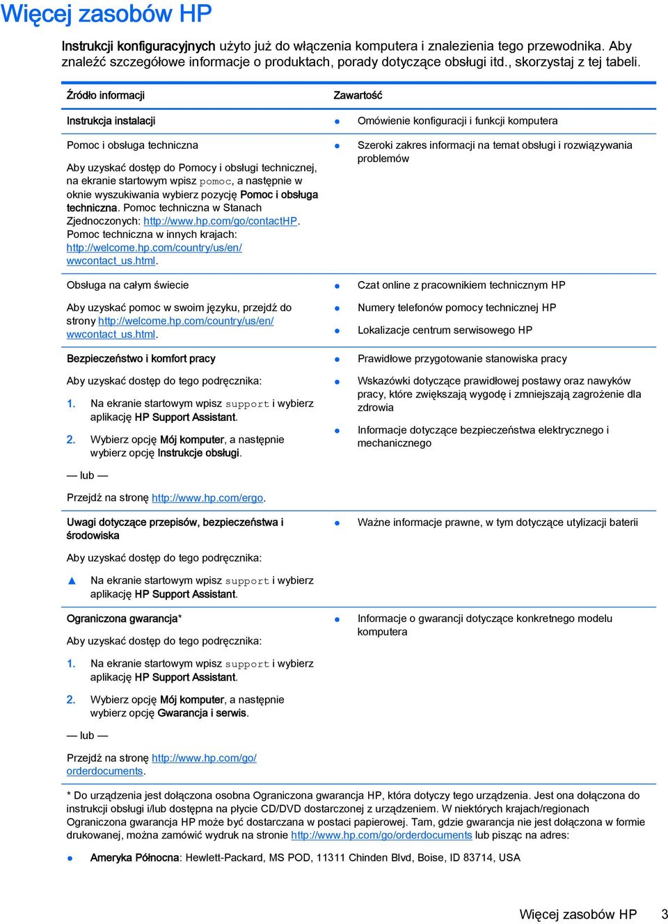 Źródło informacji Zawartość Instrukcja instalacji Omówienie konfiguracji i funkcji komputera Pomoc i obsługa techniczna Aby uzyskać dostęp do Pomocy i obsługi technicznej, na ekranie startowym wpisz