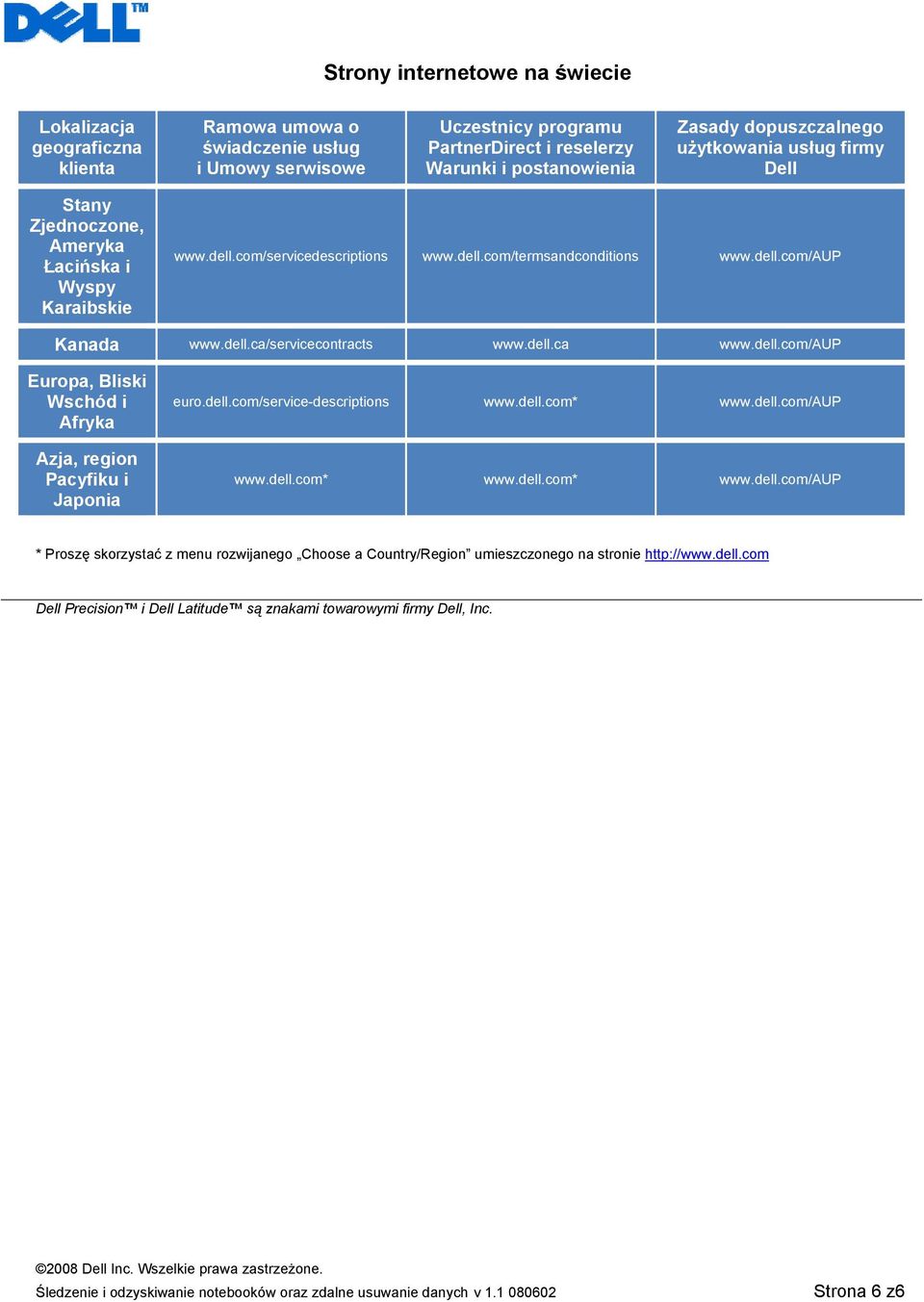 dell.ca www.dell.com/aup Europa, Bliski Wschód i Afryka Azja, region Pacyfiku i Japonia euro.dell.com/service-descriptions www.dell.com* www.dell.com/aup www.dell.com* www.dell.com* www.dell.com/aup * Proszę skorzystać z menu rozwijanego Choose a Country/Region umieszczonego na stronie http://www.