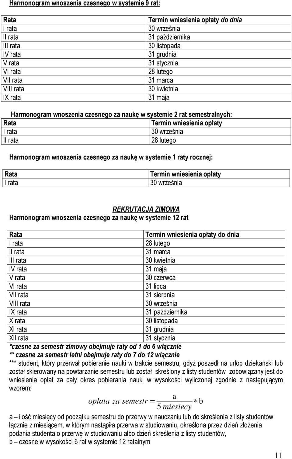 czesnego za naukę w systemie 12 rat I 31 marca II 30 kwietnia IV rata 31 maja V rata 30 czerwca V 31 lipca VI 31 sierpnia VII IX rata 31 października X rata 30 listopada X 31 grudnia XI 31 stycznia