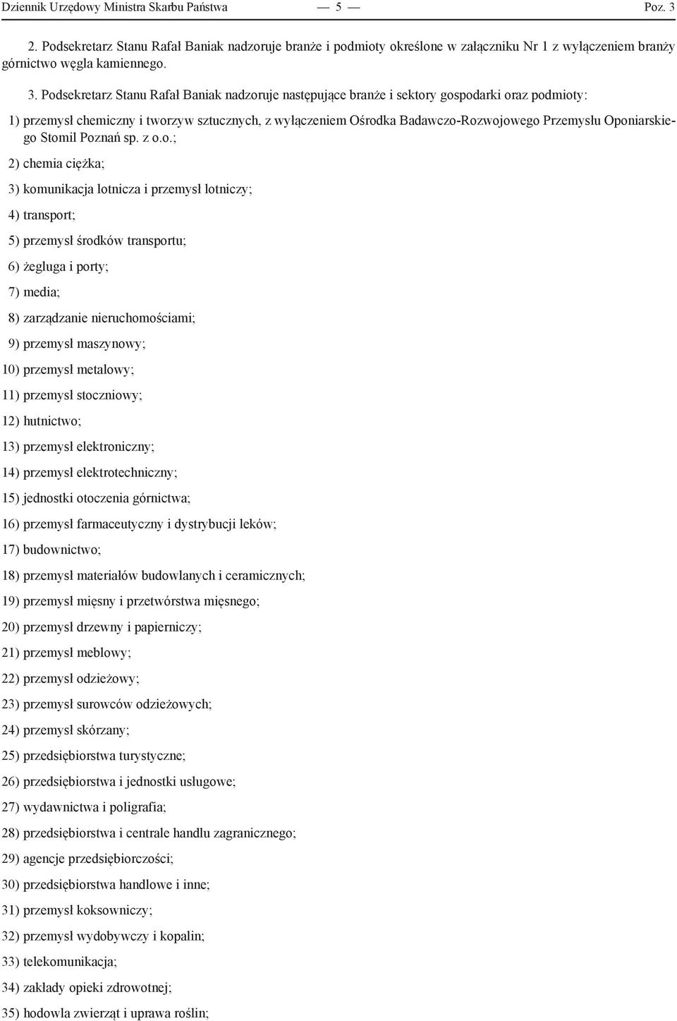 Podsekretarz Stanu Rafał Baniak nadzoruje następujące branże i sektory gospodarki oraz podmioty: 1) przemysł chemiczny i tworzyw sztucznych, z wyłączeniem Ośrodka Badawczo-Rozwojowego Przemysłu