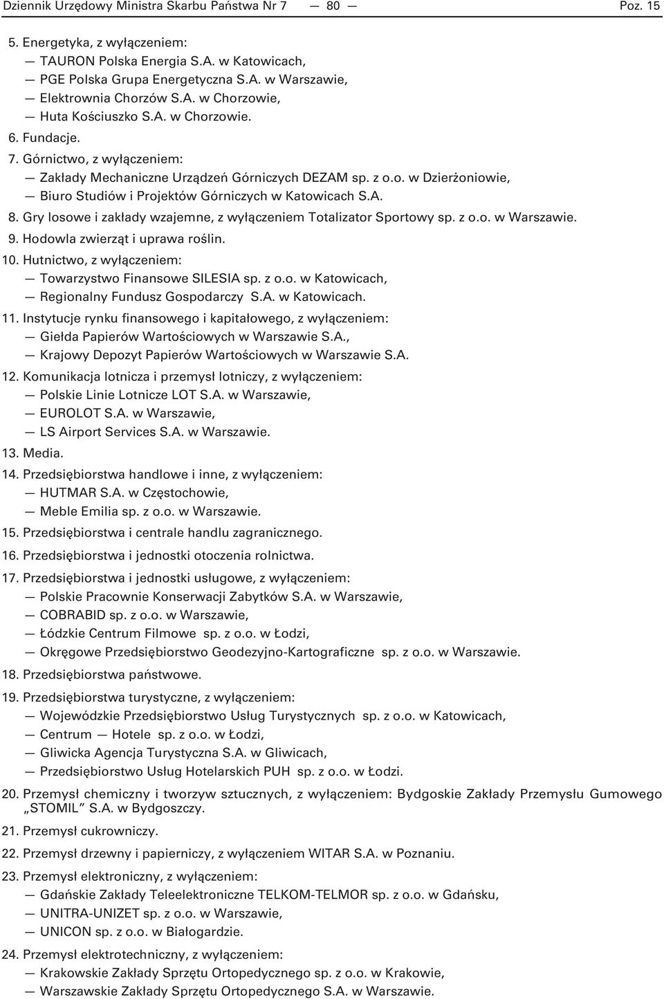 A. 8. Gry losowe i zakłady wzajemne, z wyłączeniem Totalizator Sportowy sp. z o.o. w Warszawie. 9. Hodowla zwierząt i uprawa roślin. 10. Hutnictwo, z wyłączeniem: Towarzystwo Finansowe SILESIA sp.