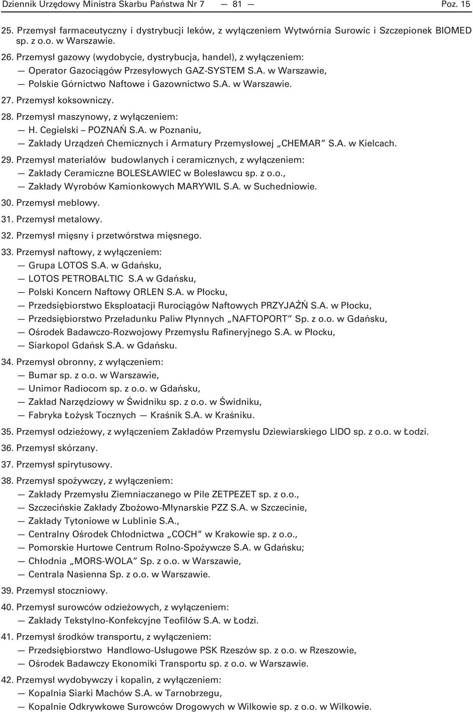 Przemysł koksowniczy. 28. Przemysł maszynowy, z wyłączeniem: H. Cegielski POZNAŃ S.A. w Poznaniu, Zakłady Urządzeń Chemicznych i Armatury Przemysłowej CHEMAR S.A. w Kielcach. 29.